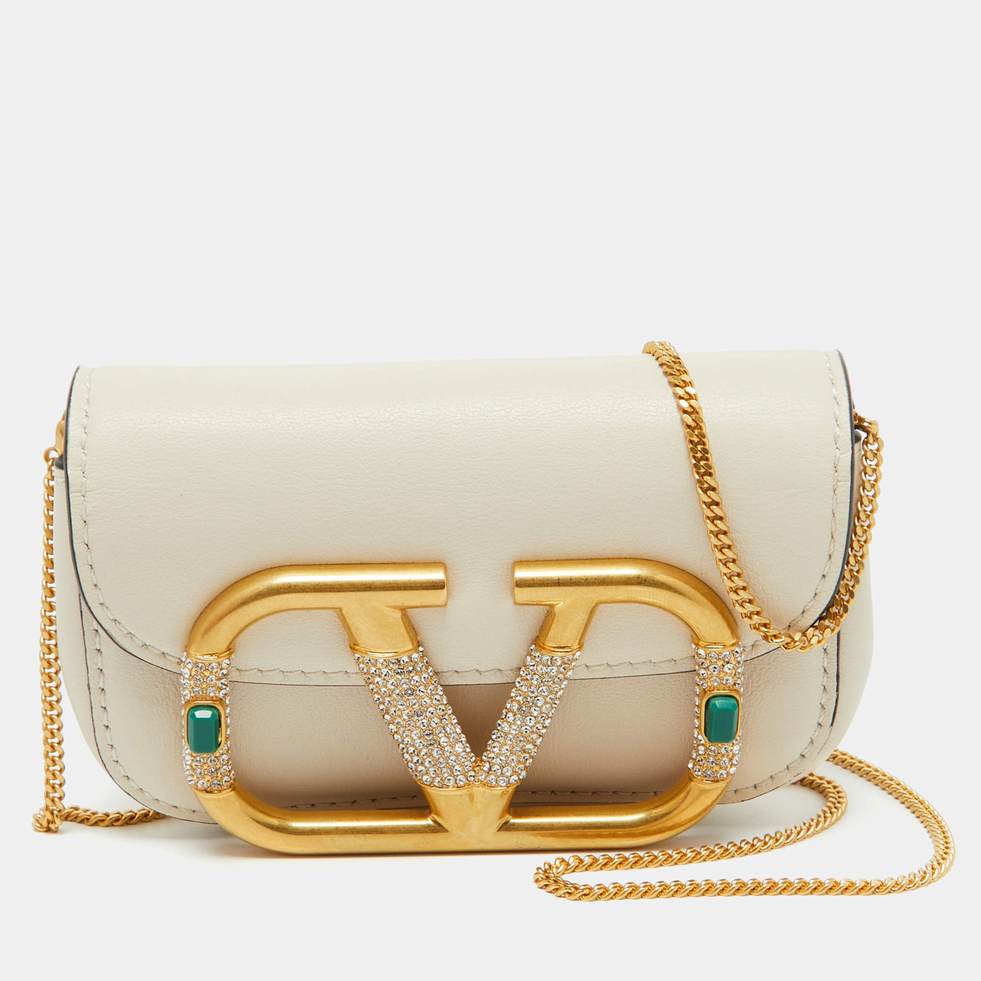 Pre Owned Valentino Garavani Off-White VLogo Rhinestone Mini Chain Pouch