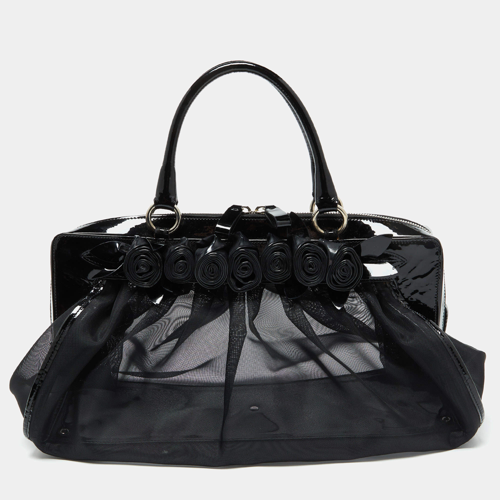 Valentino Black Mesh and Patent Leather Petale Rose Dome Satchel