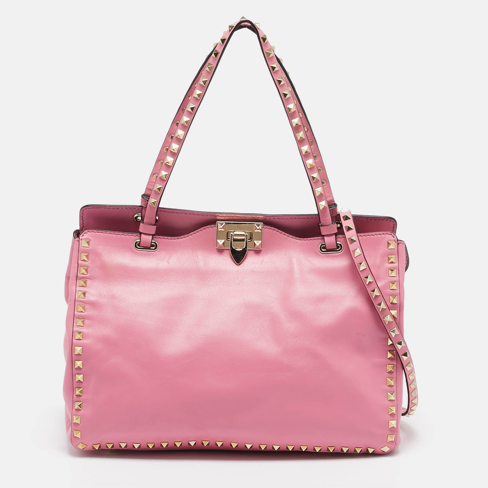 Pre Owned Valentino Pink Leather Medium Rockstud Trapeze Tote