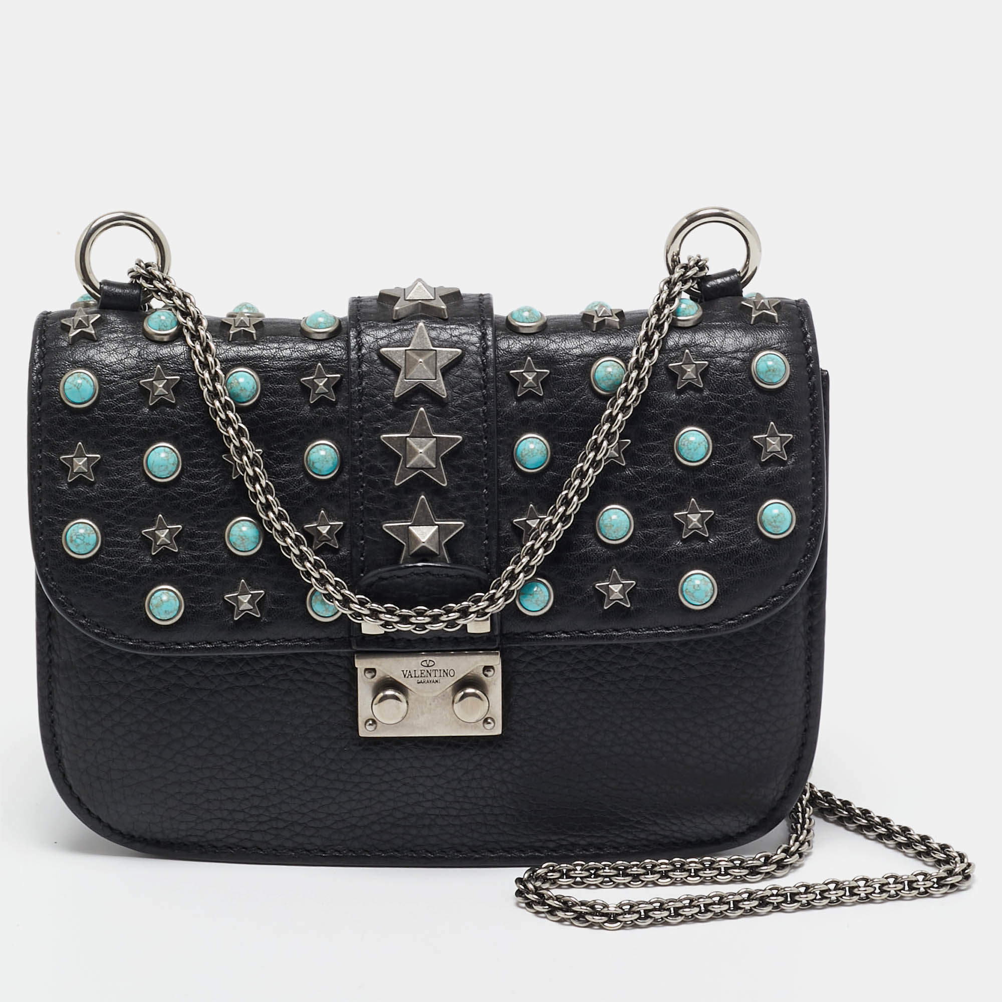 Valentino Black Leather Star Studded Glam Lock Shoulder Bag