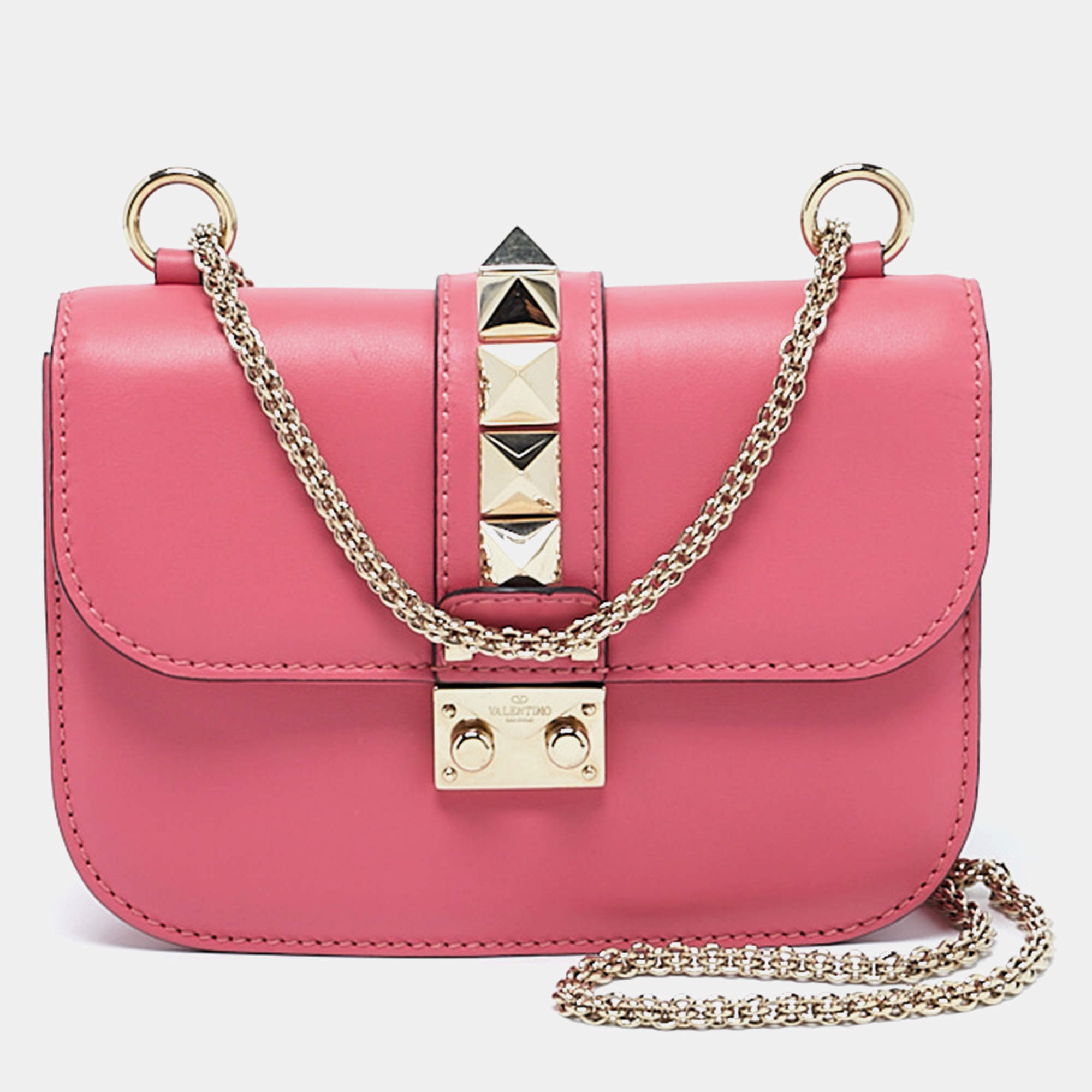 Valentino Pink Leather Small Rockstud Glam Lock Flap Bag