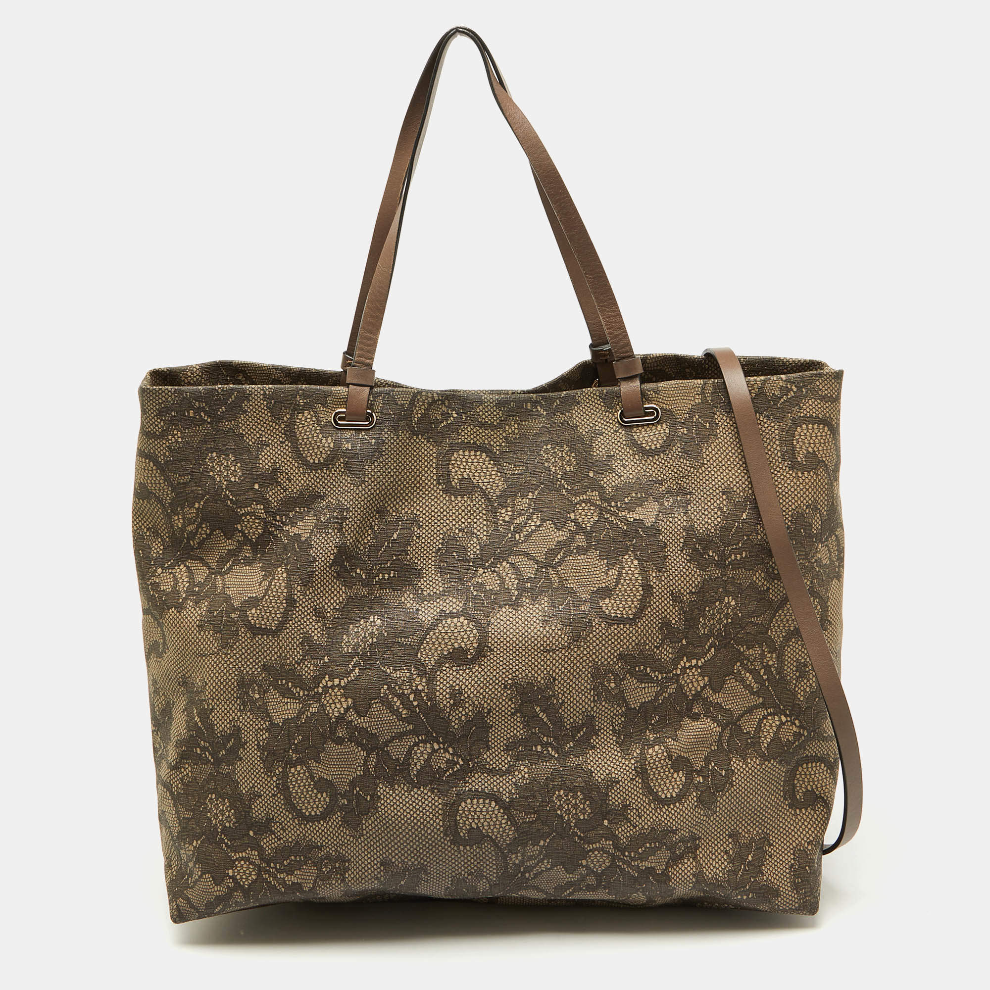 Pre Owned Valentino Beige Lace Print Coated Canvas Shopper Tote
