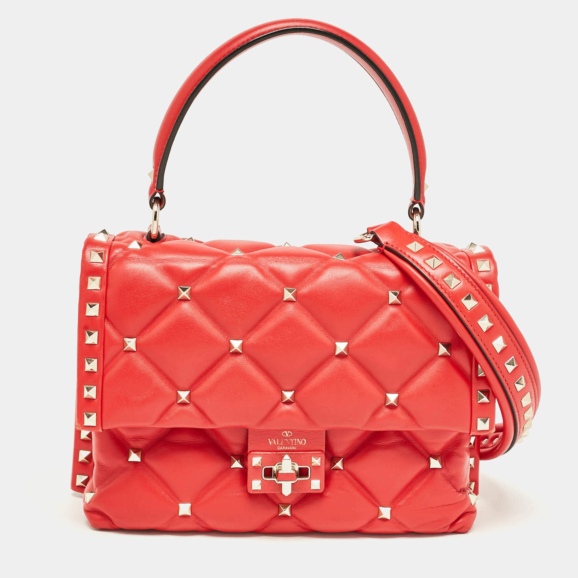 Pre Owned Valentino Red Quilted Leather Medium Candystud Top Handle Bag
