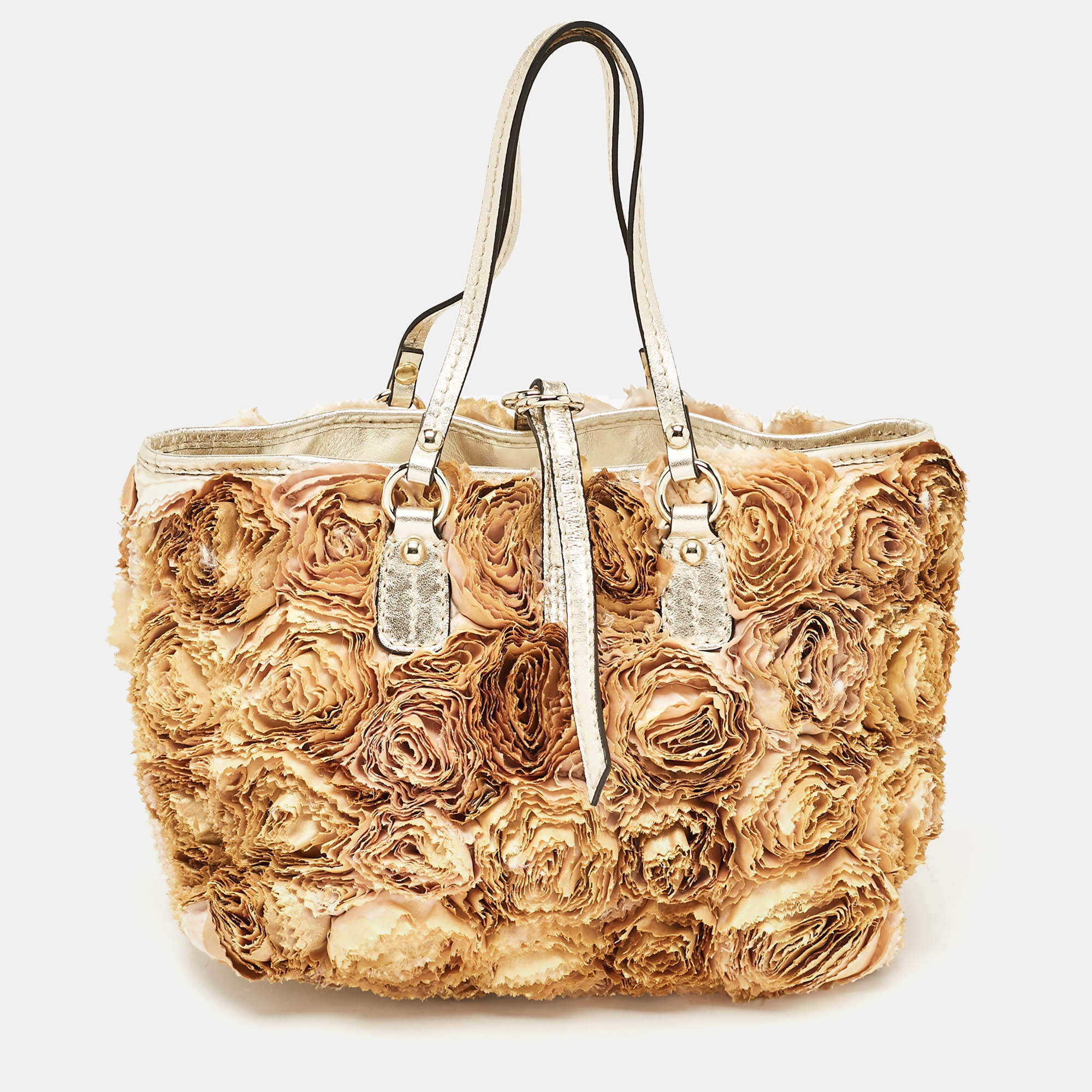 Pre Owned Valentino Multicolor Flower Applique Satin and Leather Tote