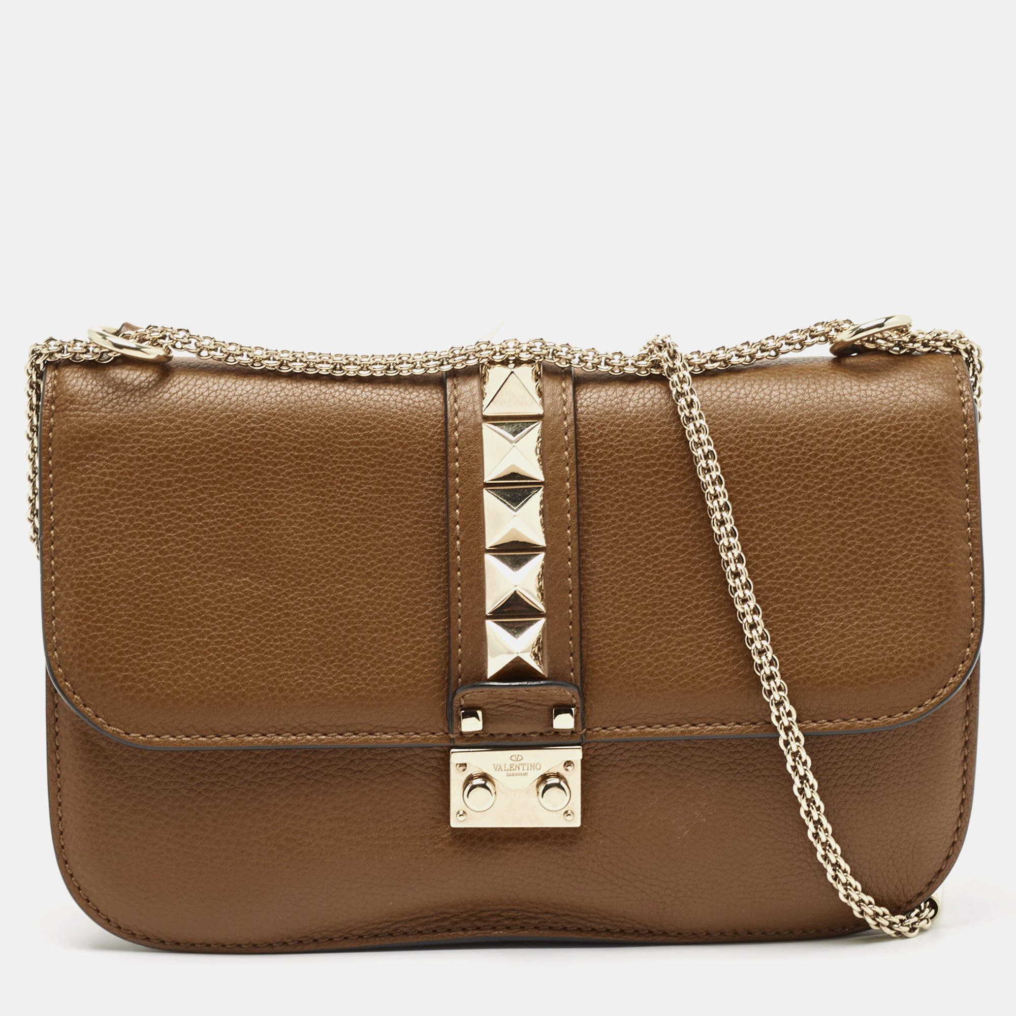 Pre Owned Valentino Brown Leather Medium Rockstud Glam Lock Flap Bag