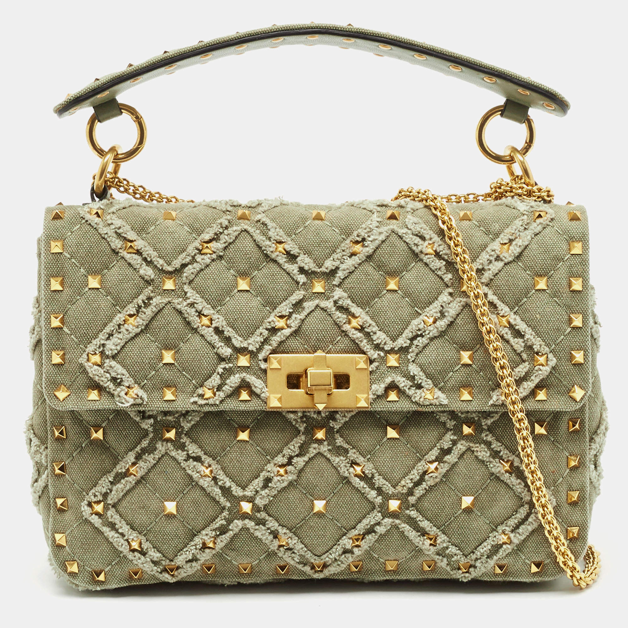 Pre Owned Valentino Olive Green Quilted Denim Medium Rockstud Spike Top Handle Bag