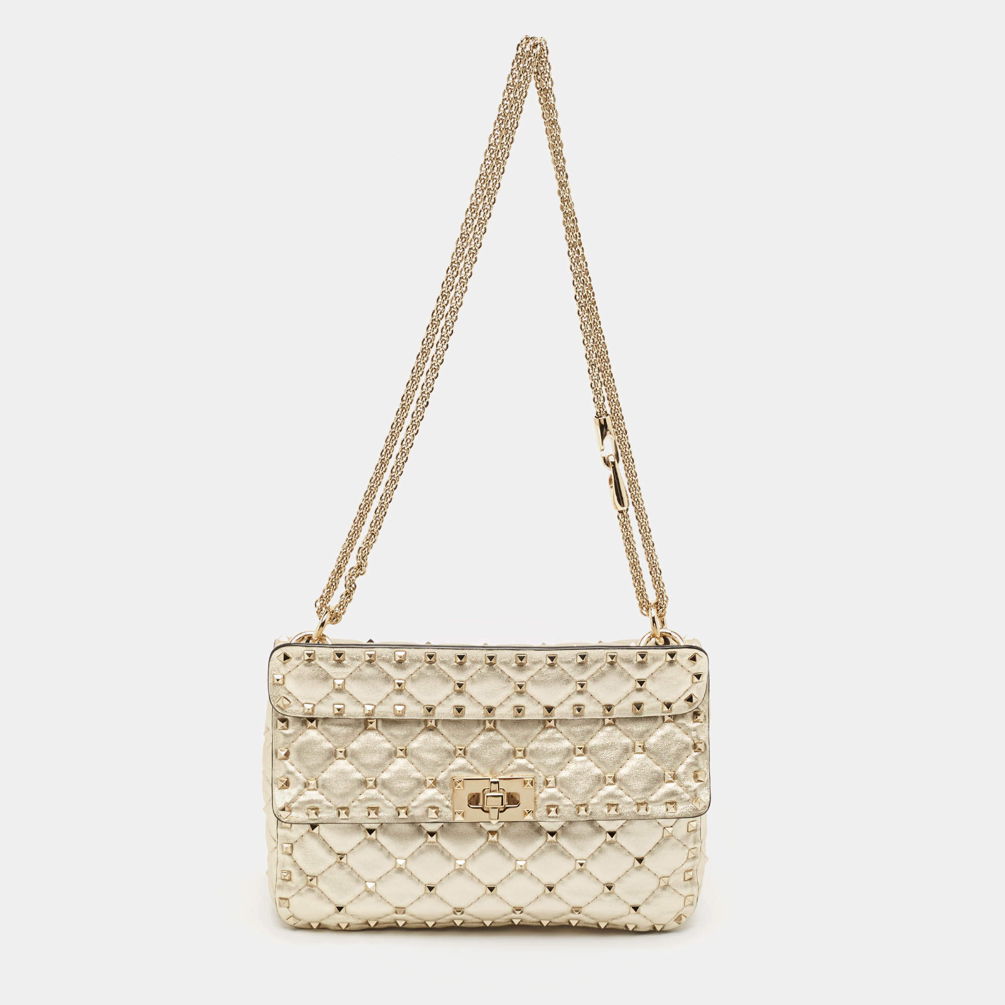 Pre Owned Valentino Gold Quilted Leather Medium Rockstud Spike Top Handle Bag