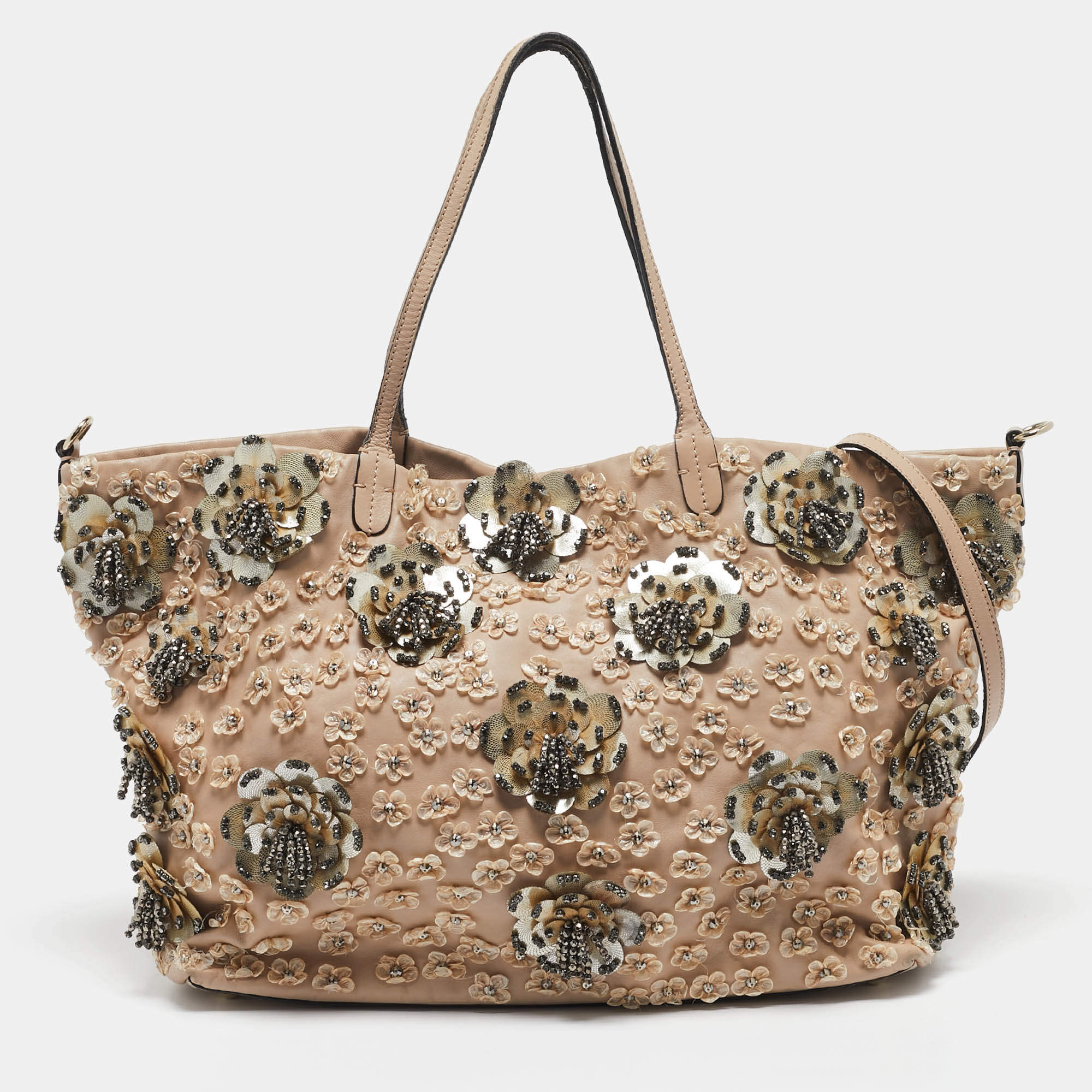Pre Owned Valentino Beige Leather Sequin Beaded Applique Tote