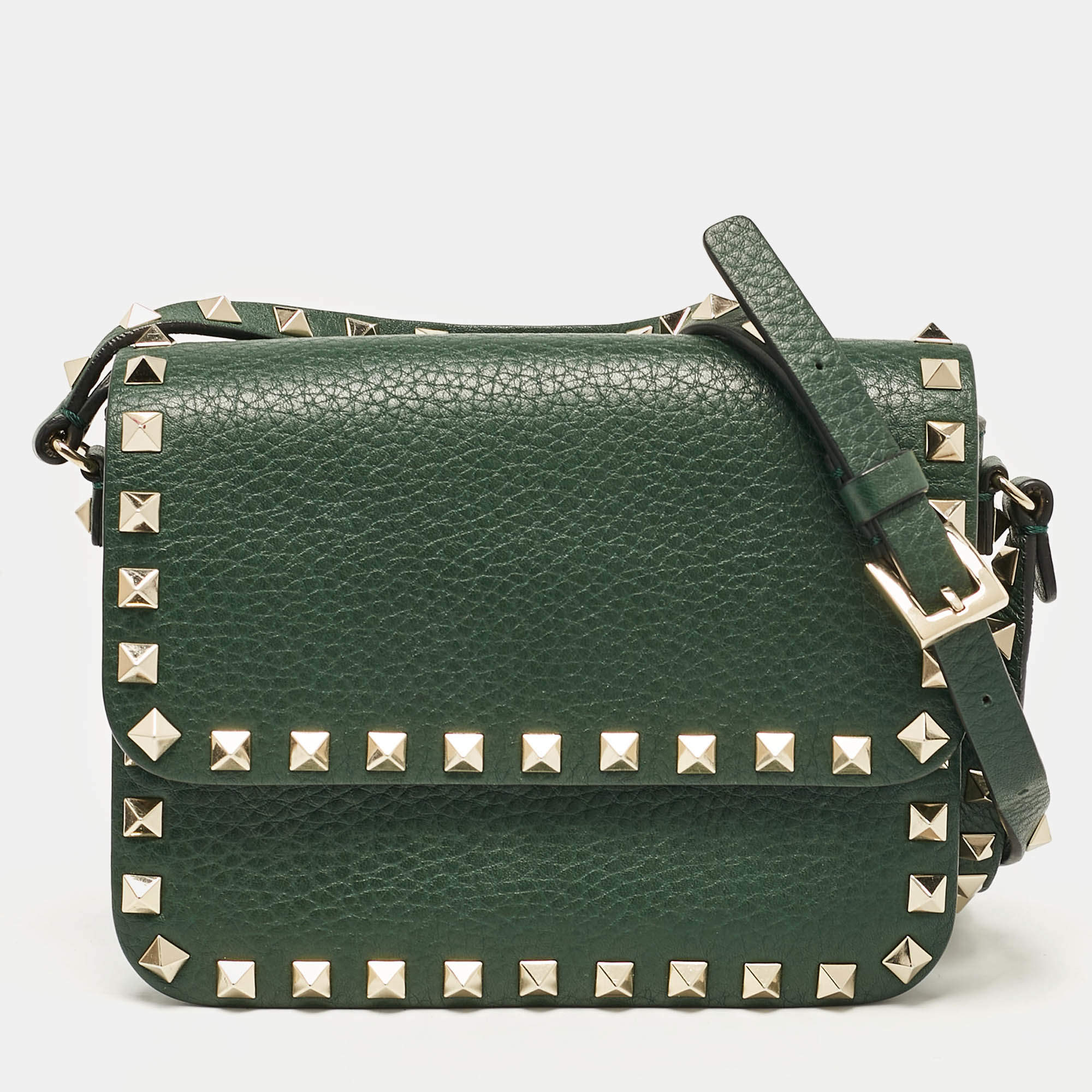 Pre Owned Valentino Green Leather Rockstud Flap Shoulder Bag