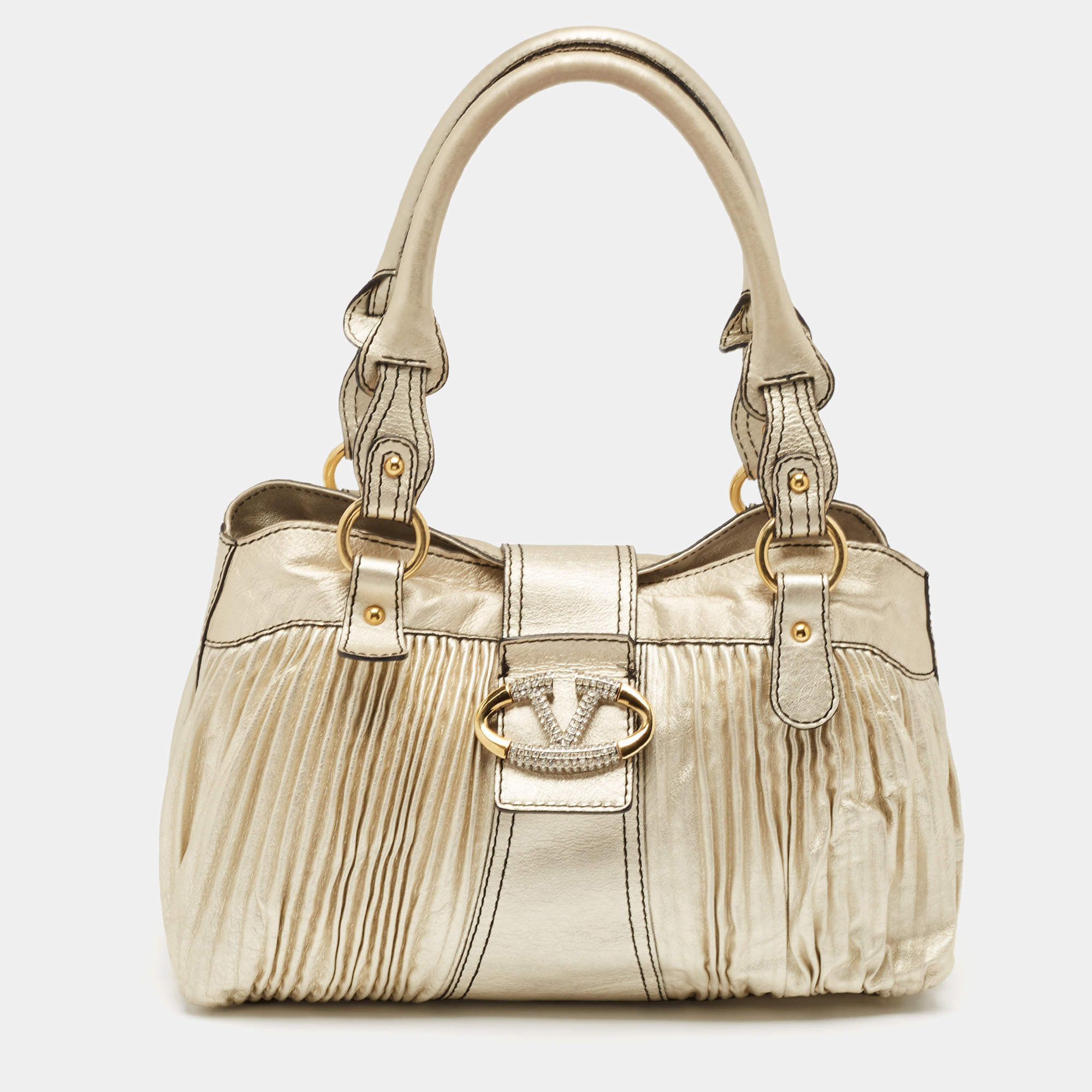 Valentino Gold Pleated Leather Crystal Catch Satchel