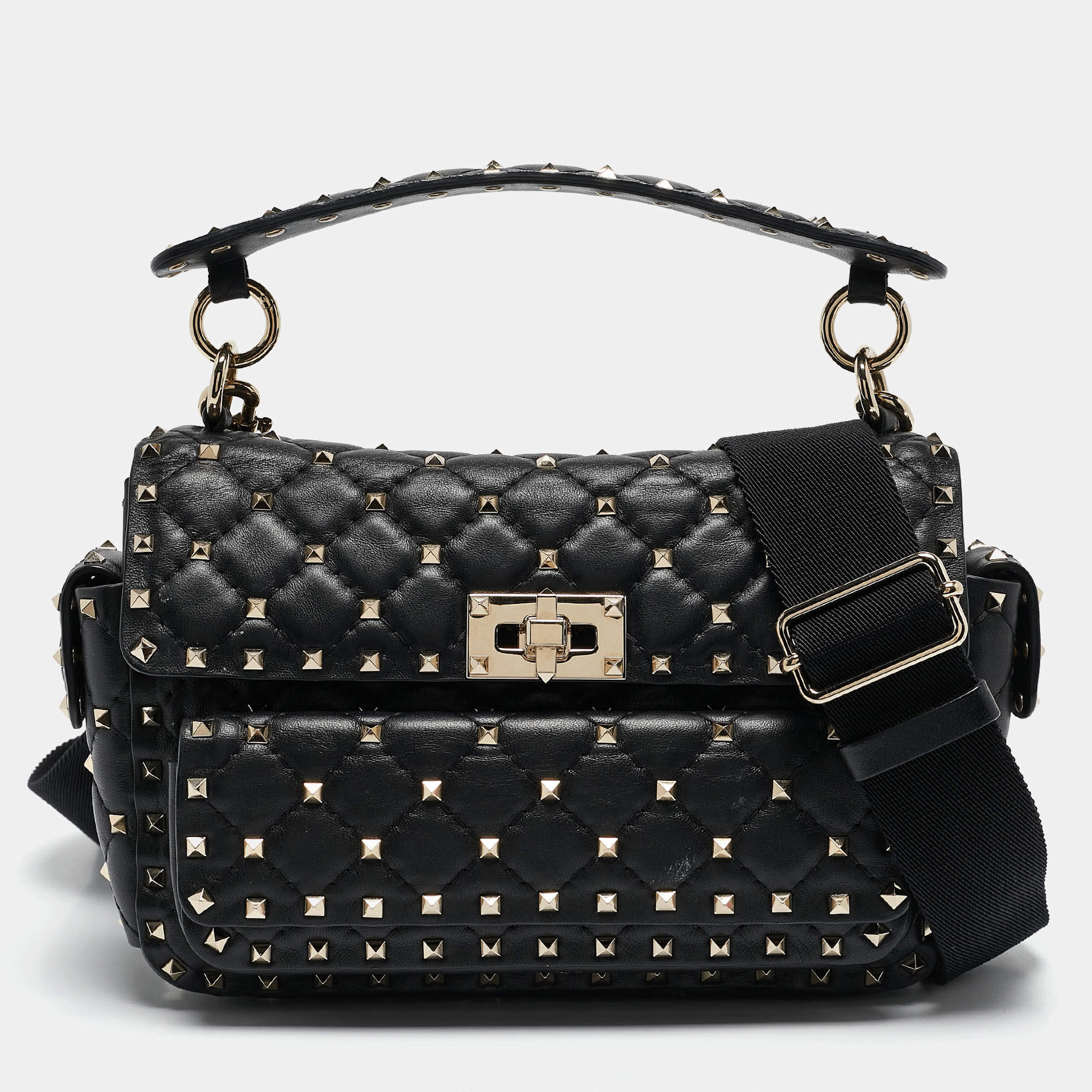 Pre Owned Valentino Black Quilted Leather Medium Rockstud Spike Top Handle Bag