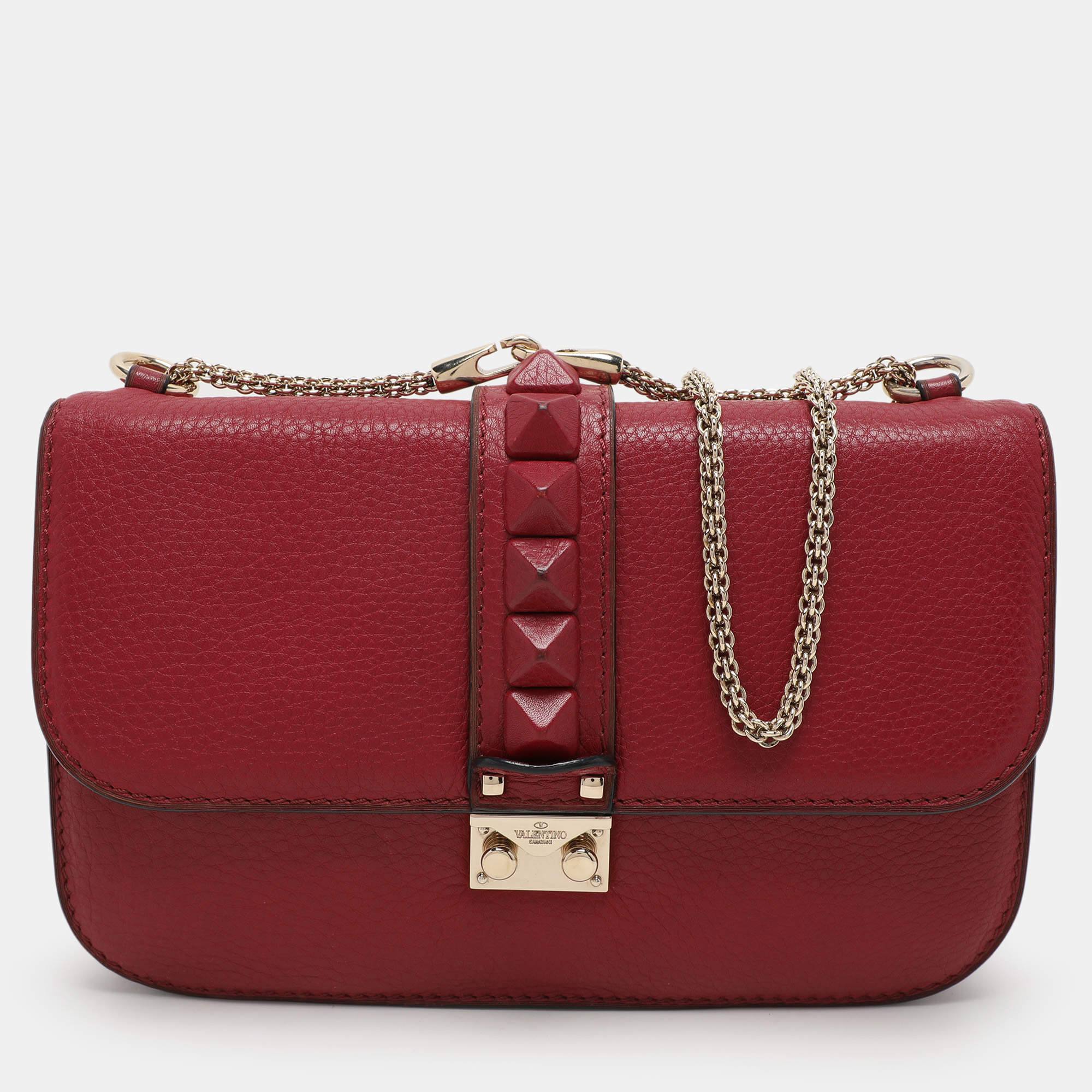 Valentino Burgundy Leather Medium Rockstud Glam Lock Flap Bag