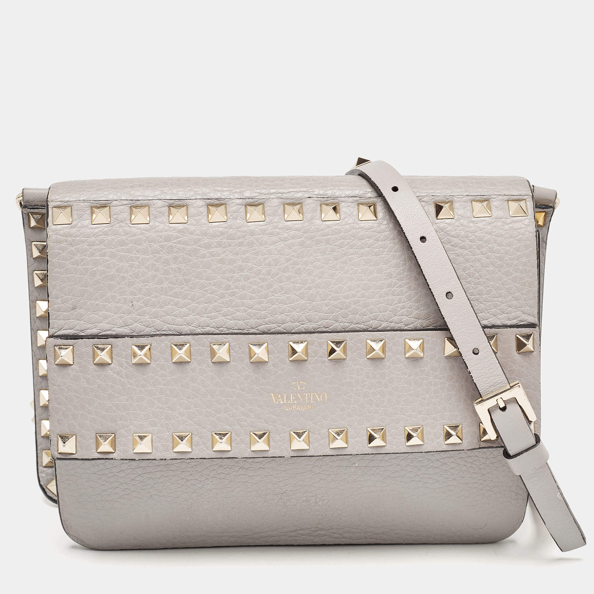 Pre Owned Valentino Grey Leather Rockstud Side Slip Crossbody Bag