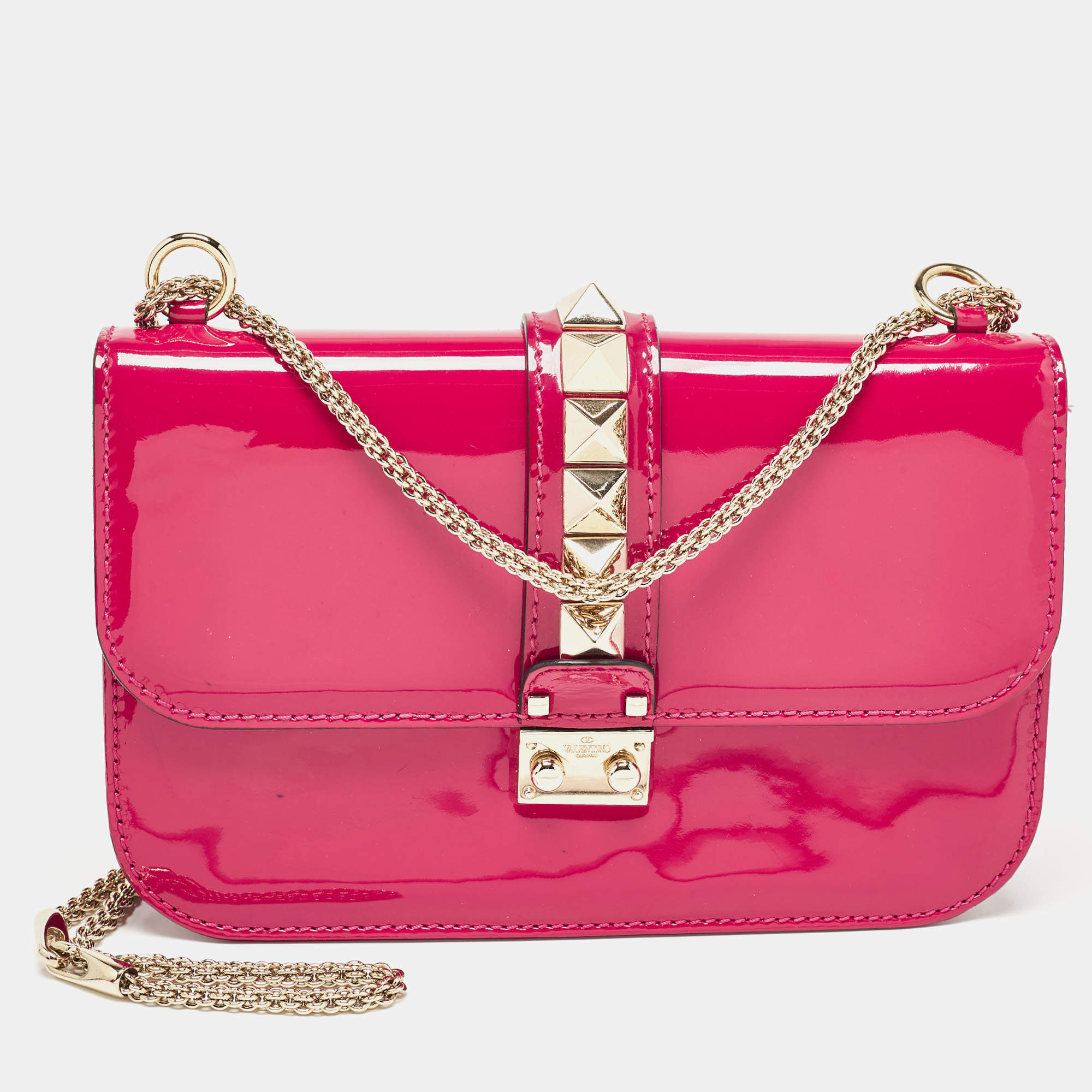 Valentino Fuchsia Patent Leather Medium Glam Lock Shoulder Bag