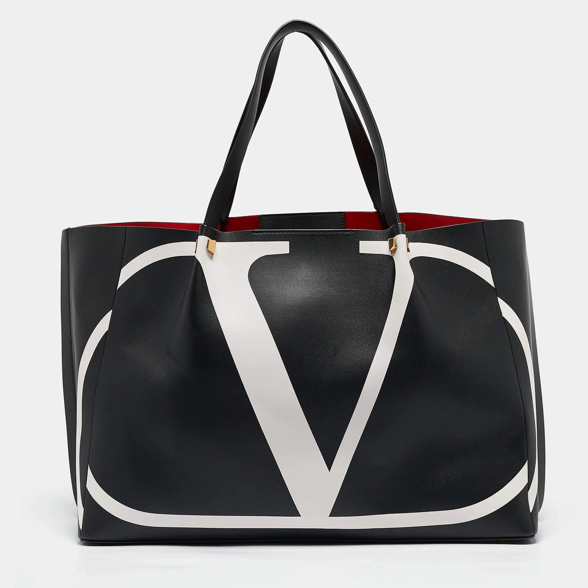 Pre Owned Valentino Black/White Leather Large VLogo Escape Tote