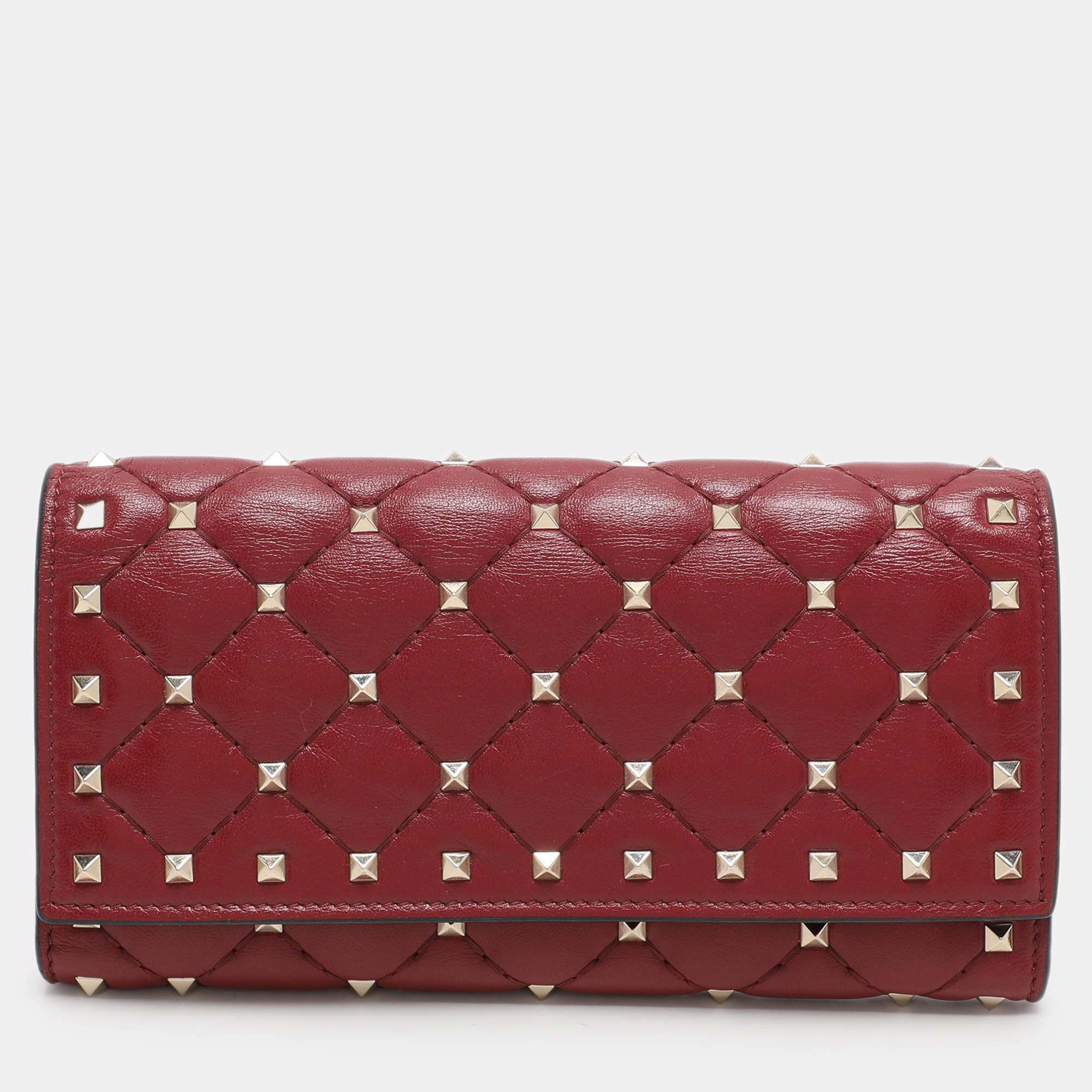 Pre Owned Valentino Burgundy Leather Rockstud Spike Continental Wallet