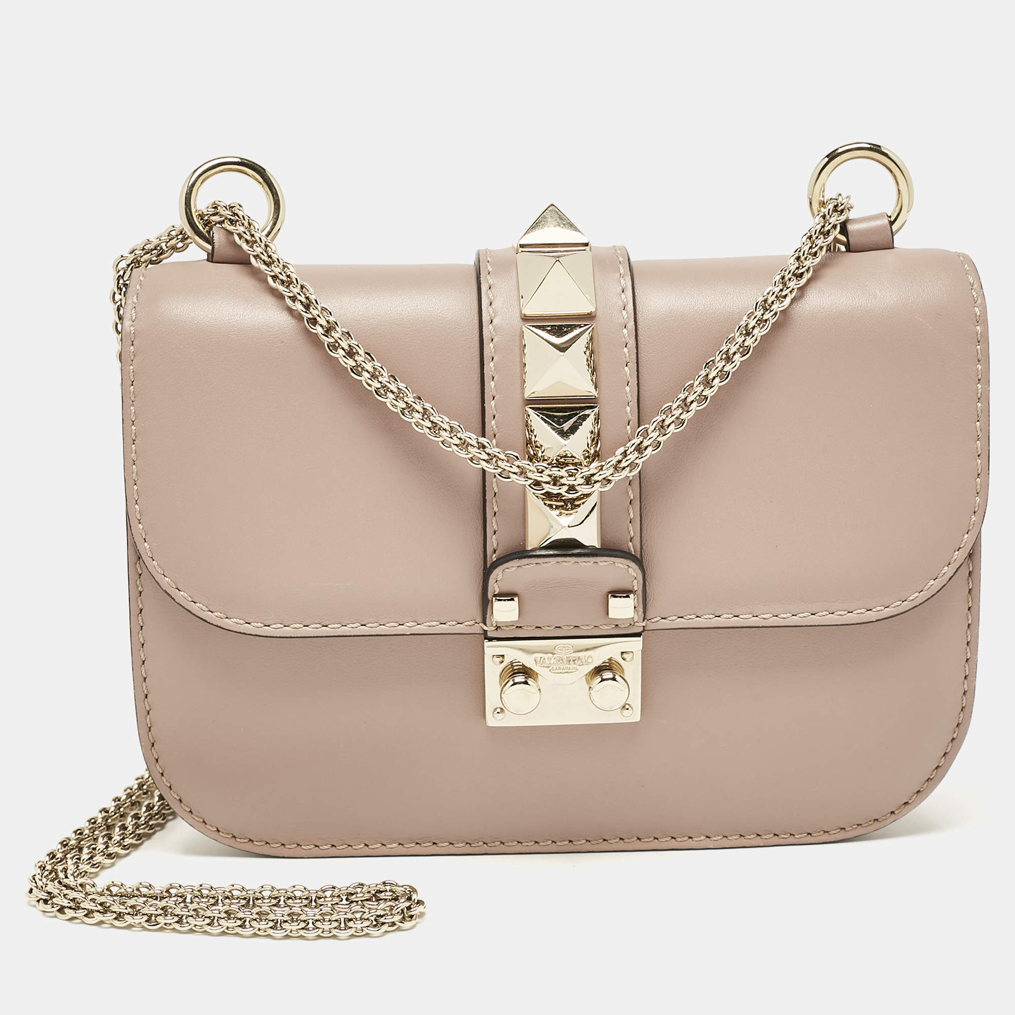 Pre Owned Valentino Beige Leather Small Rockstud Glam Lock Flap Bag