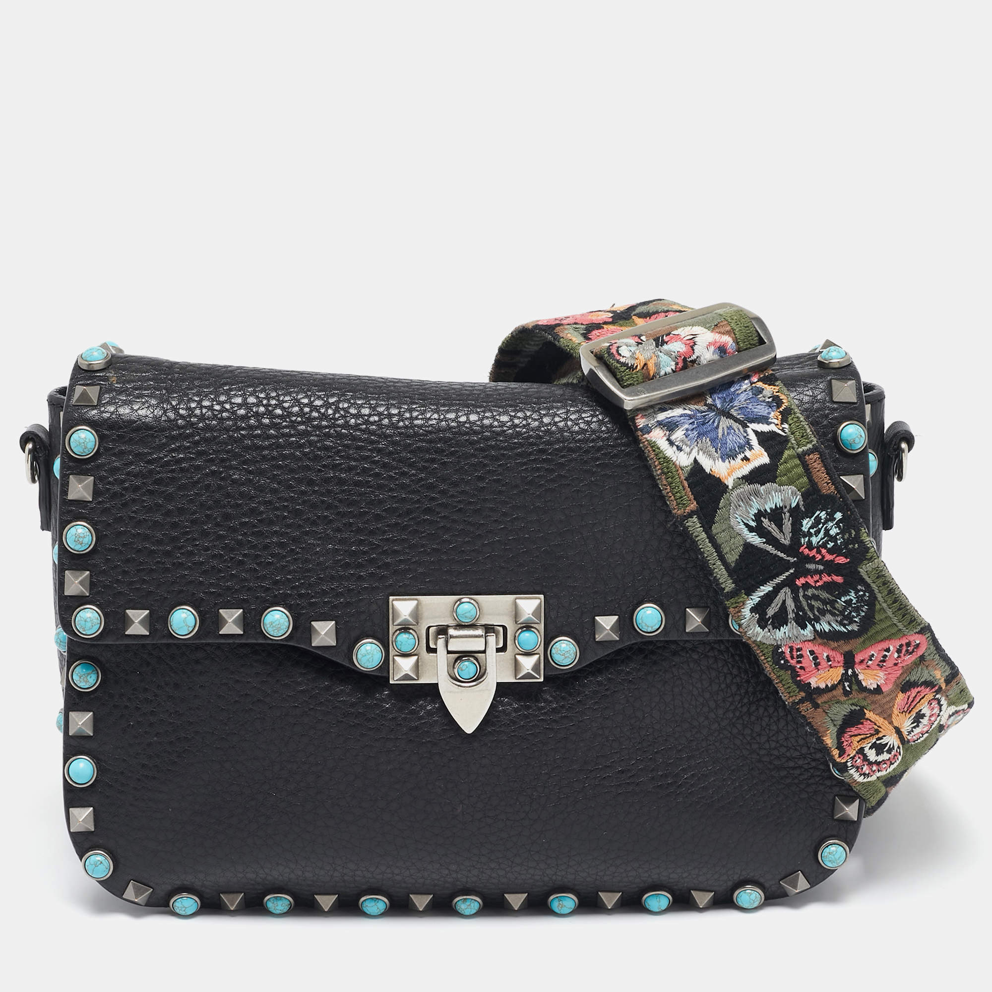 Valentino Black Leather Rockstud Rolling Crossbody Bag