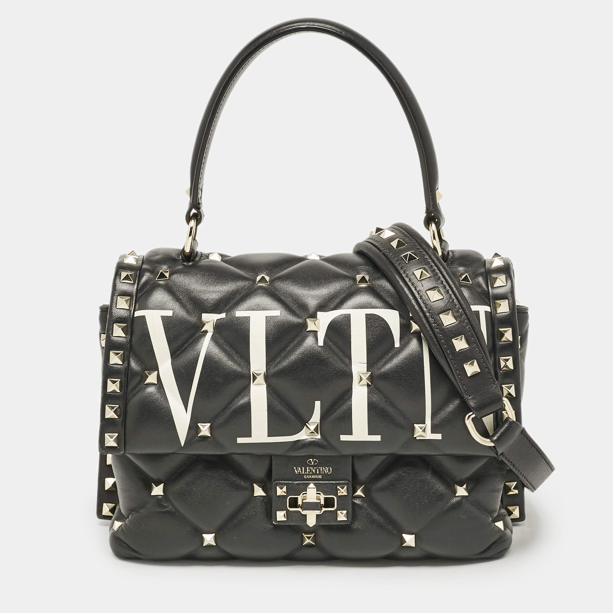 Pre Owned Valentino Black Quilted Leather Medium VLTN Candystud Top Handle Bag