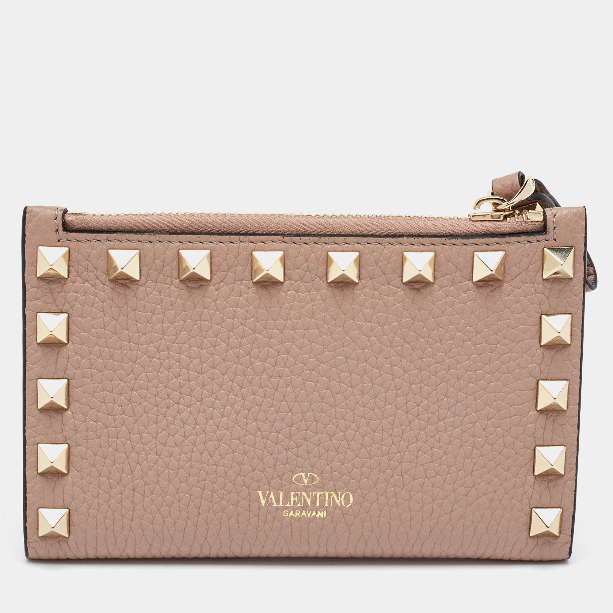 Valentino Beige Leather Rockstud Zip Card Holder
