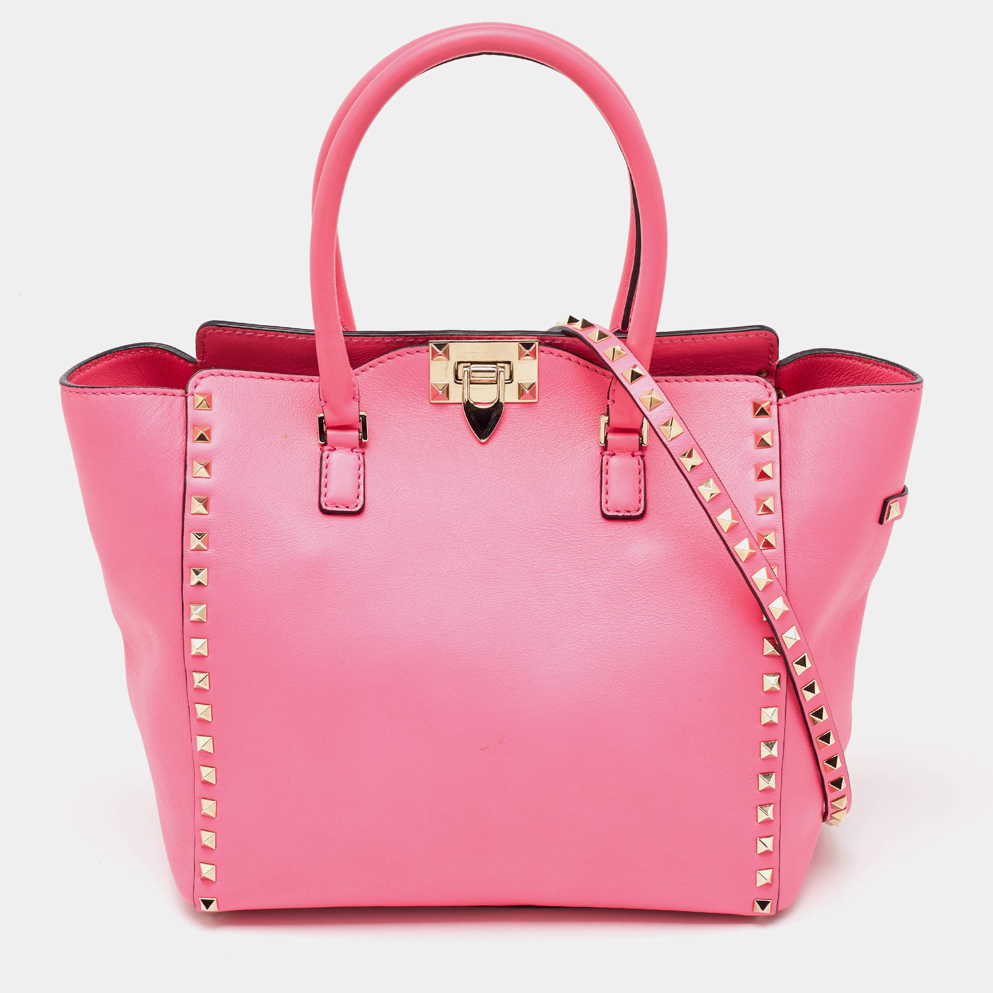 Pre Owned Valentino Hot Pink Leather Medium Rockstud Trapeze Tote