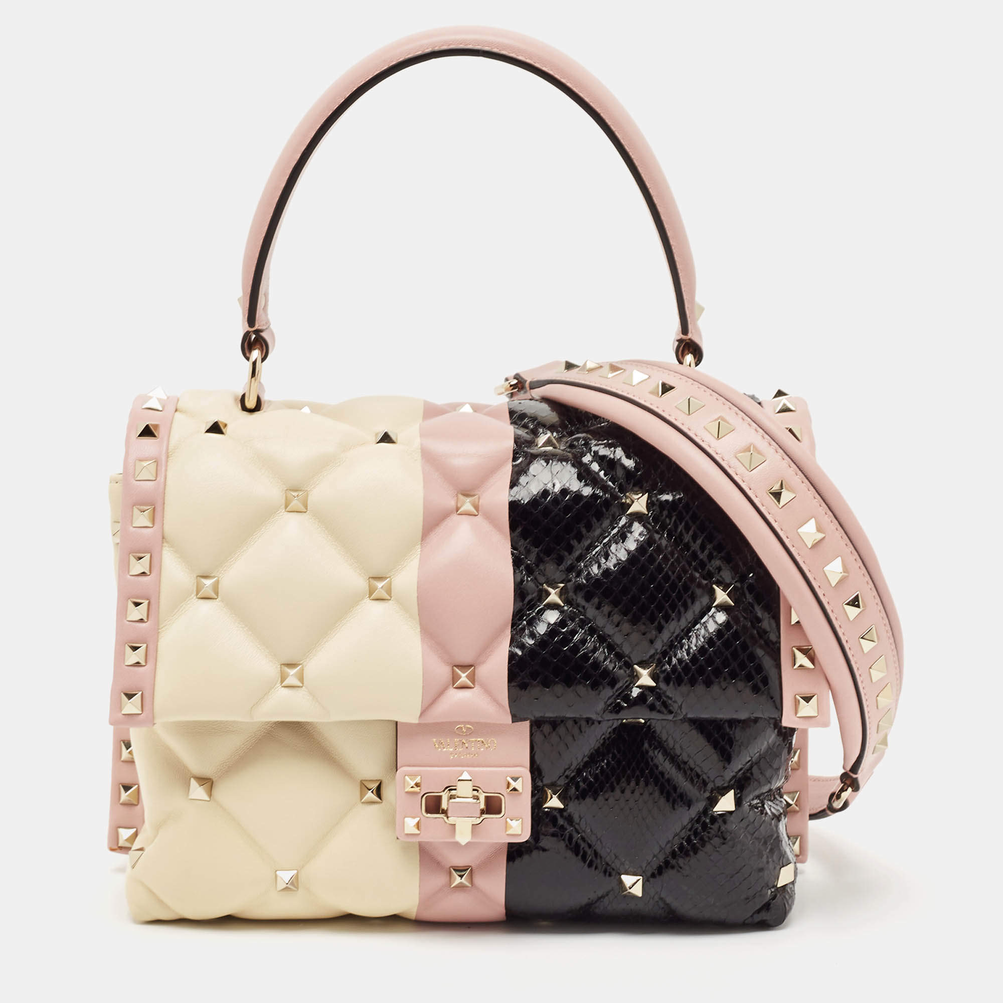 Valentino Tricolor Quilted Leather and Snakeskin Medium Candystud Top Handle Bag