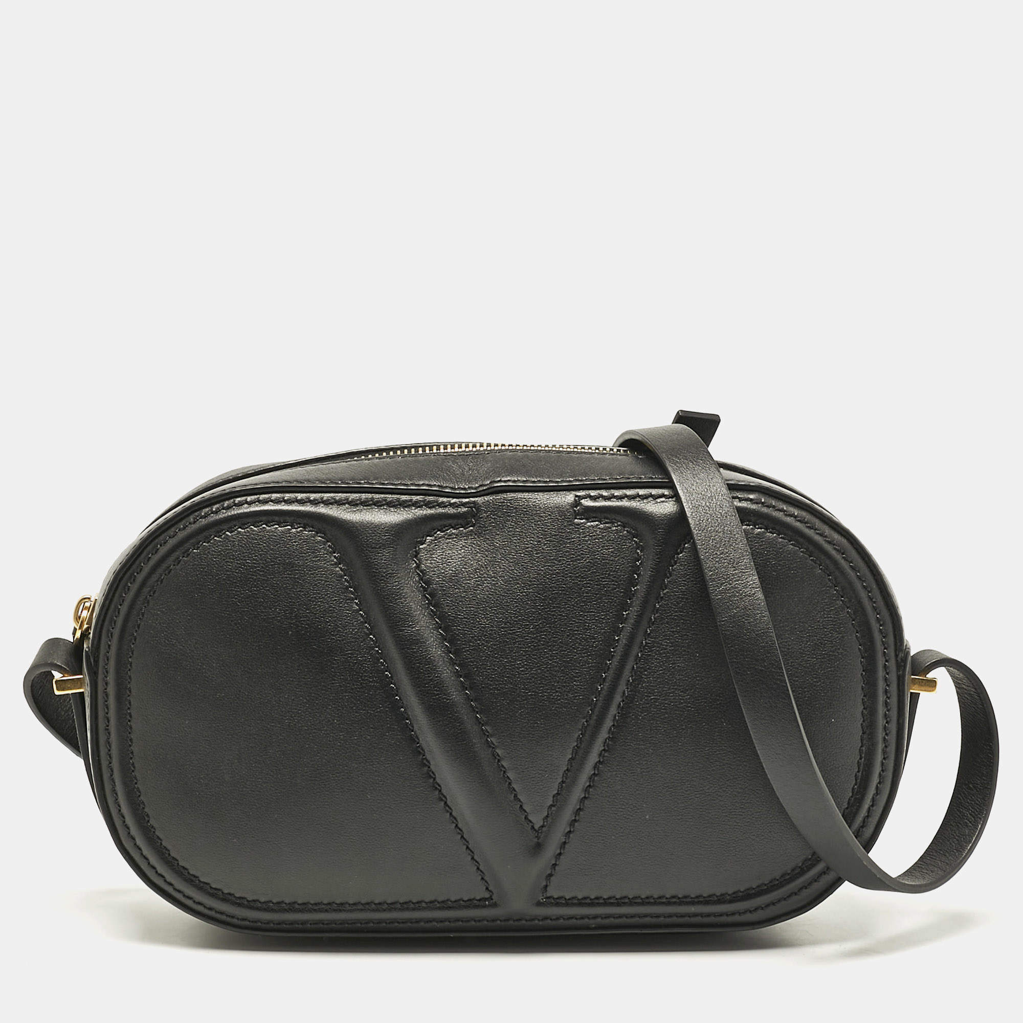 Pre Owned Valentino Black Leather Vlogo Walk Crossbody Bag