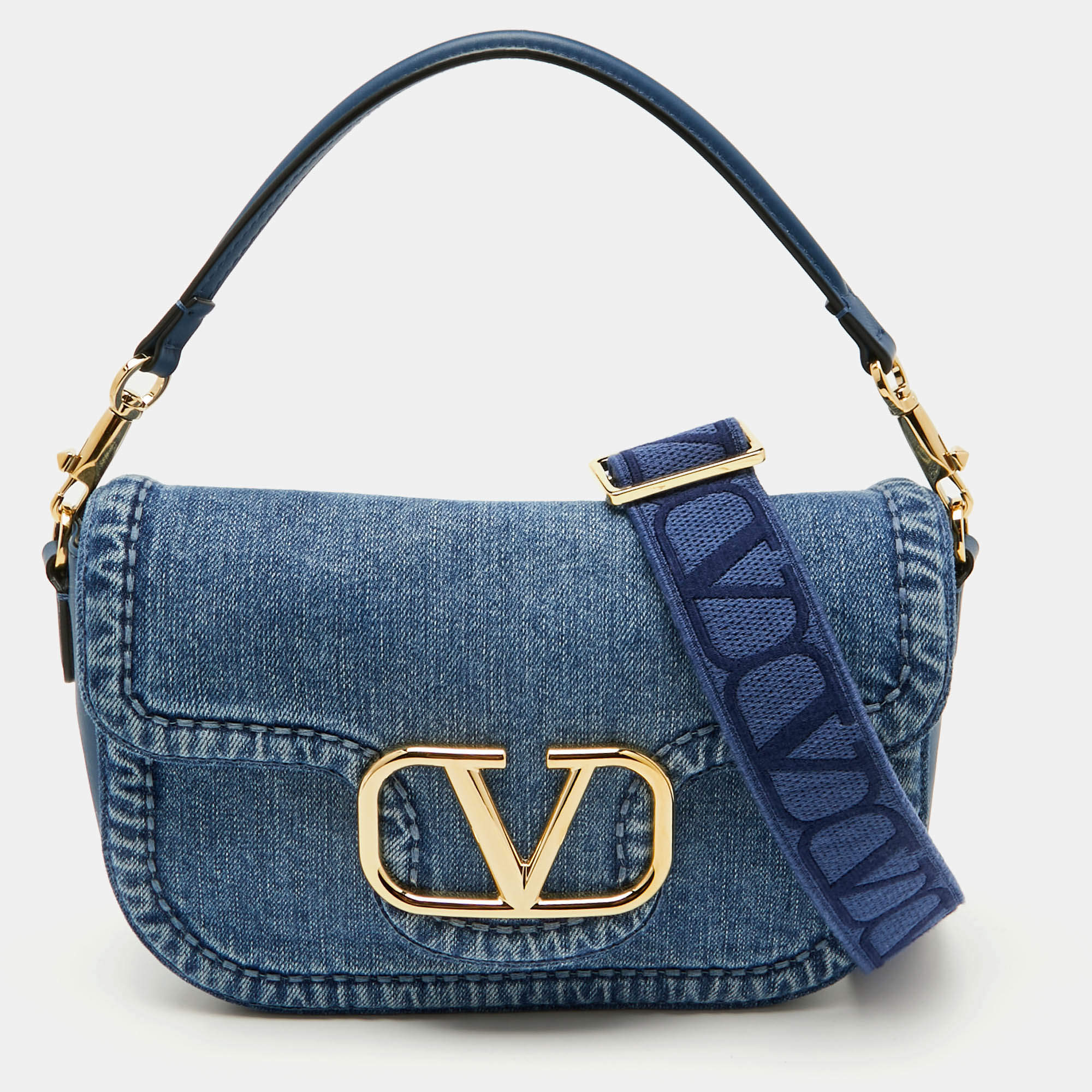 Pre Owned Valentino Blue Denim All Time Flap Shoulder Bag