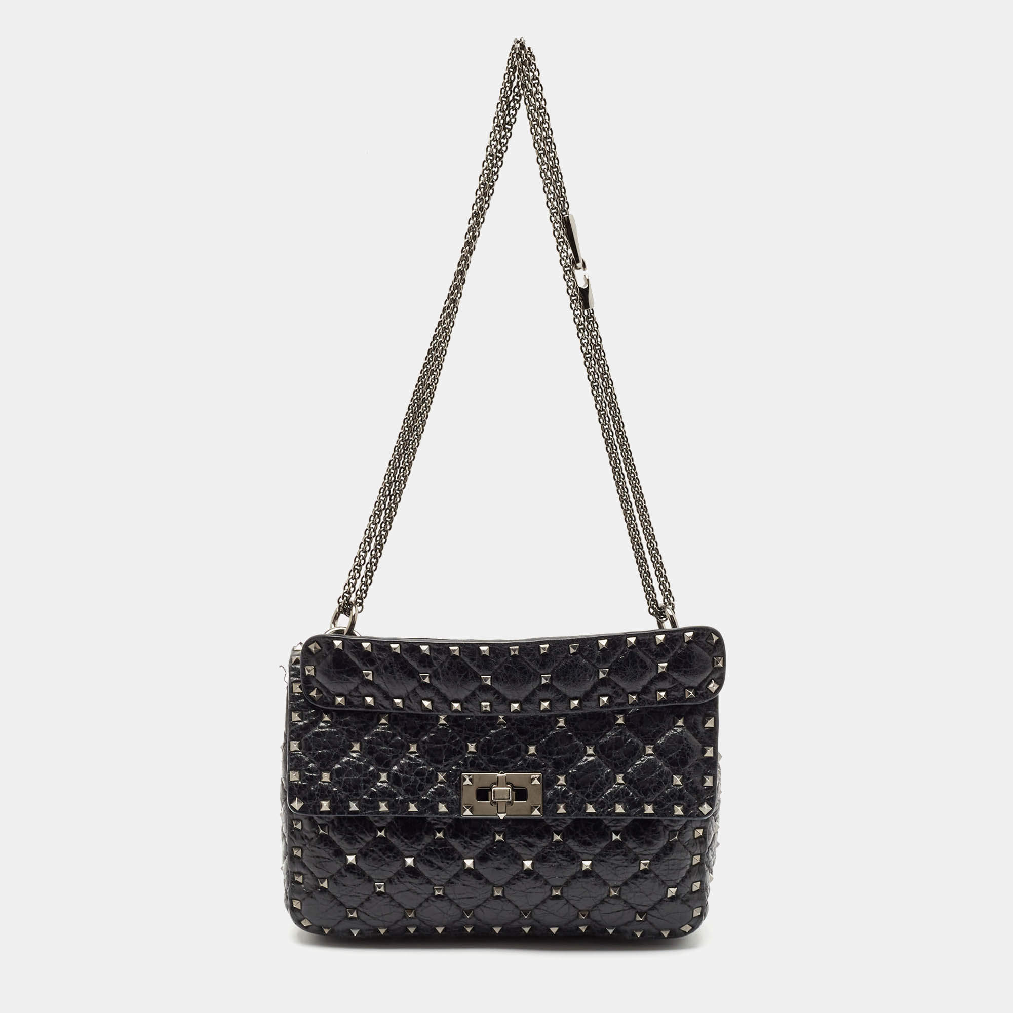 Valentino Black Quilted Crackle Leather Medium Rockstud Spike Top Handle Bag