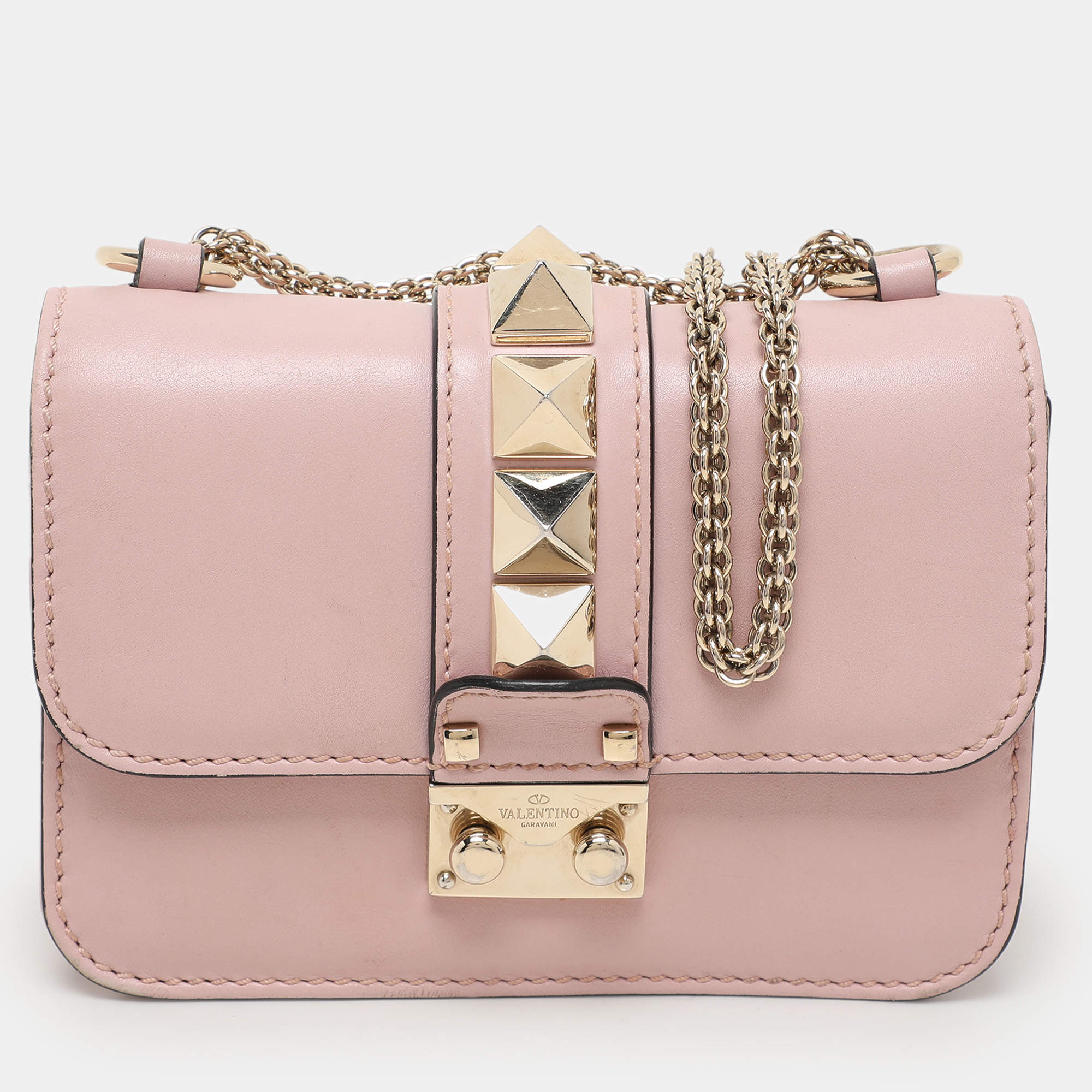 Valentino Light Pink Leather Mini Rockstud Glam Lock Shoulder Bag