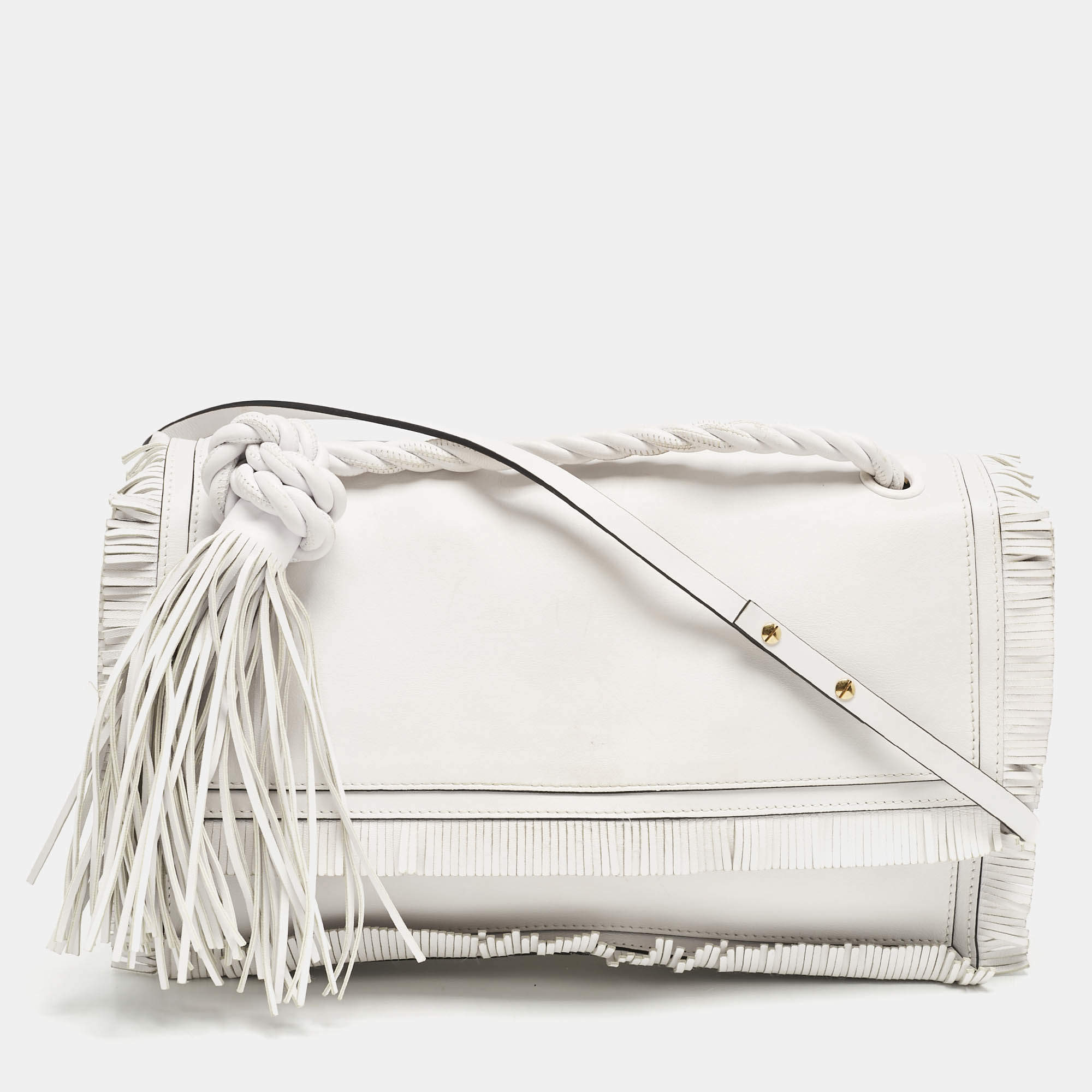 Pre Owned Valentino White Leather Fringe Tassel Flap Shoulder Bag