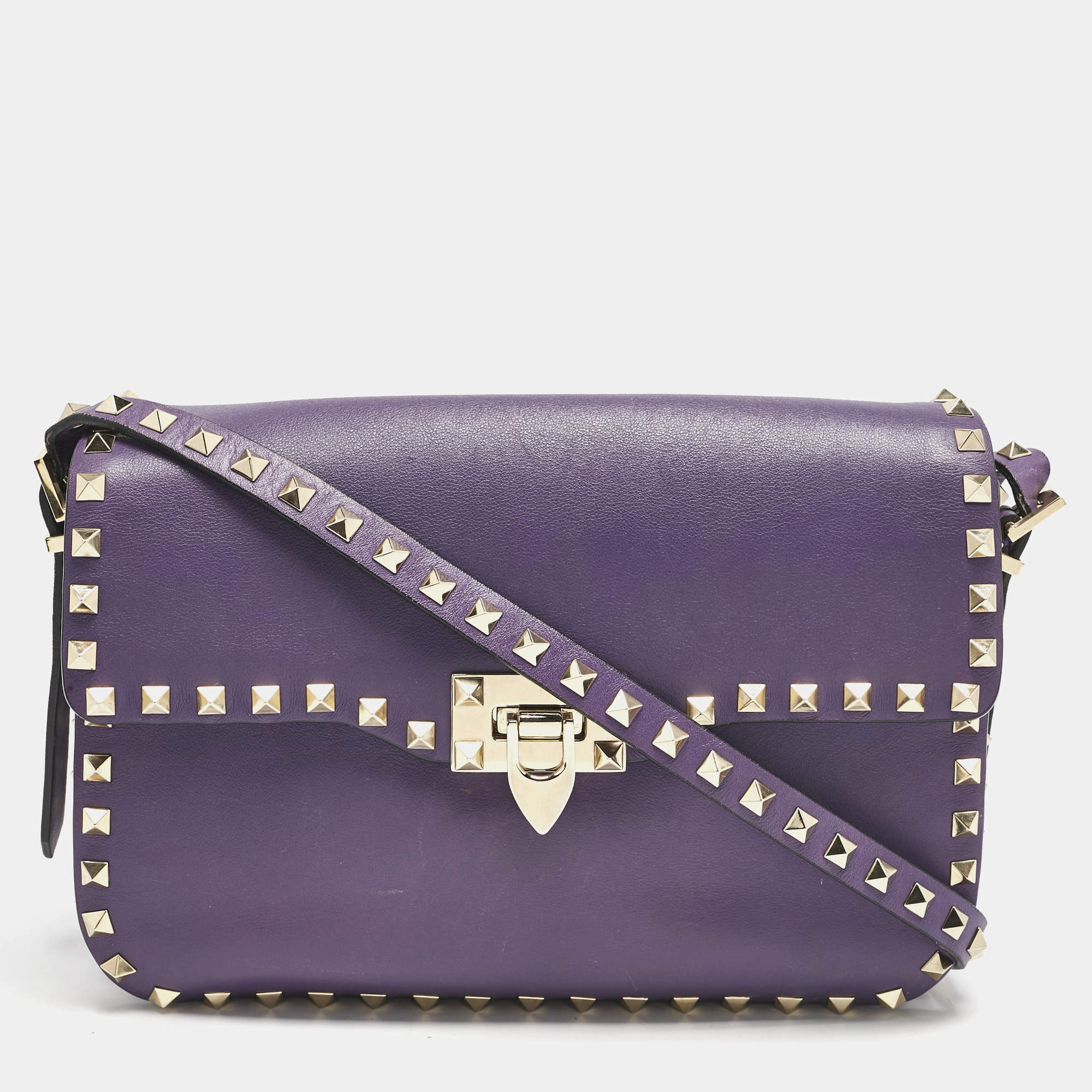 Pre Owned Valentino Purple Leather Rockstud Flap Shoulder Bag