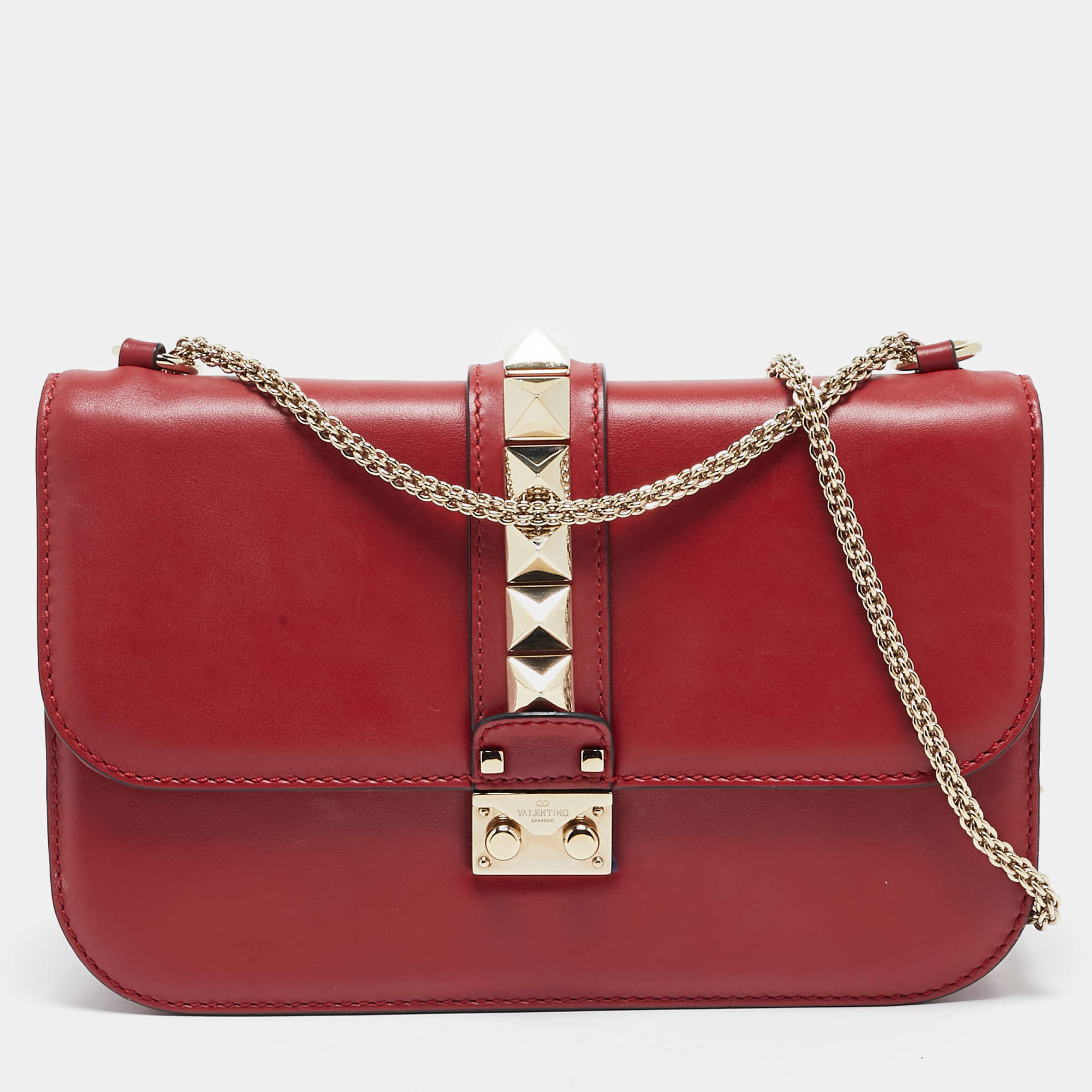 Pre Owned Valentino Red Leather Medium Glam Lock Chain Shoulder Bag