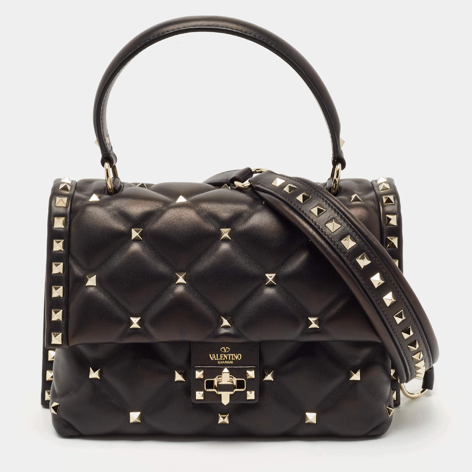 Valentino Black Quilted Leather Medium Candystud Top Handle Bag