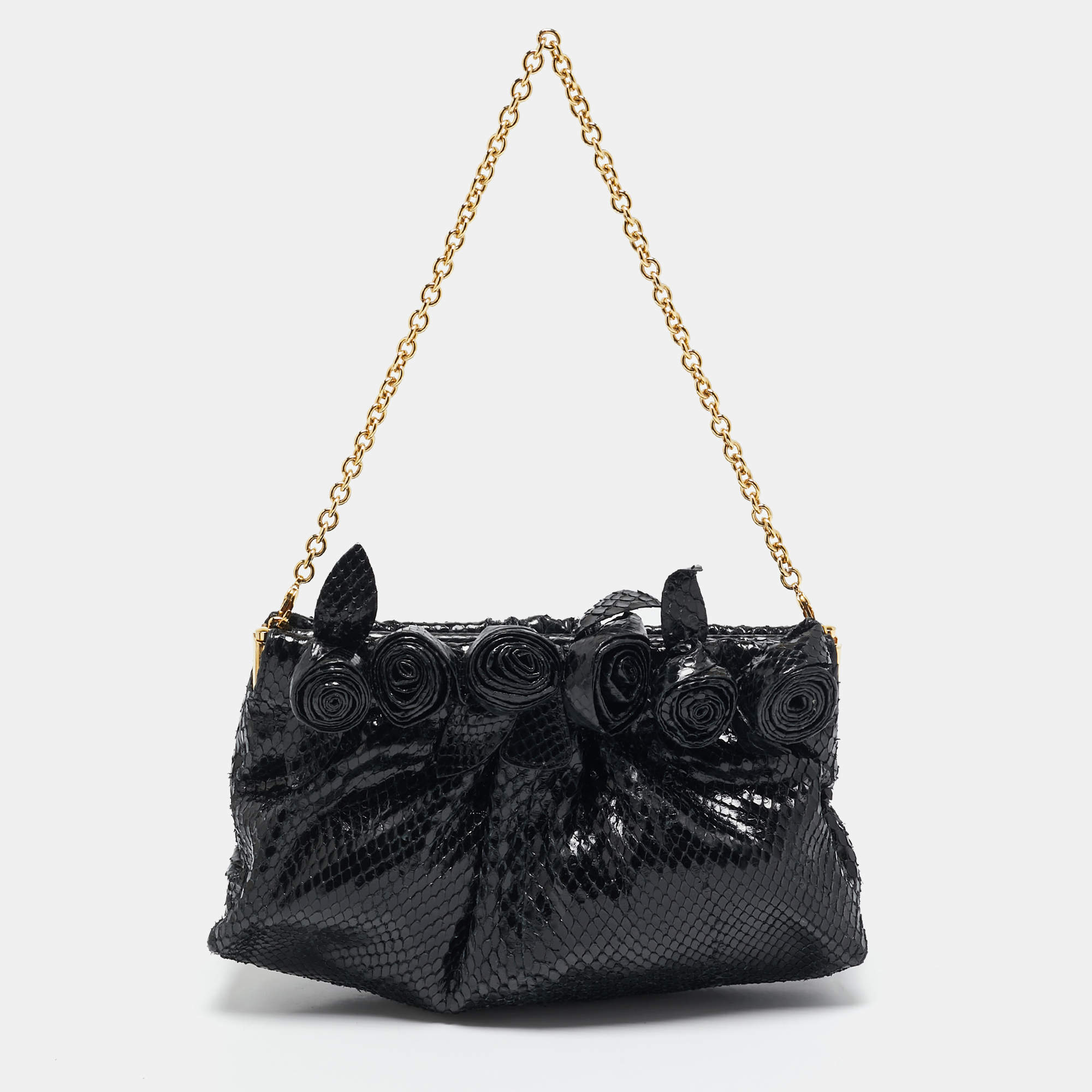 Valentino Black Snakeskin Fleur Chain Clutch