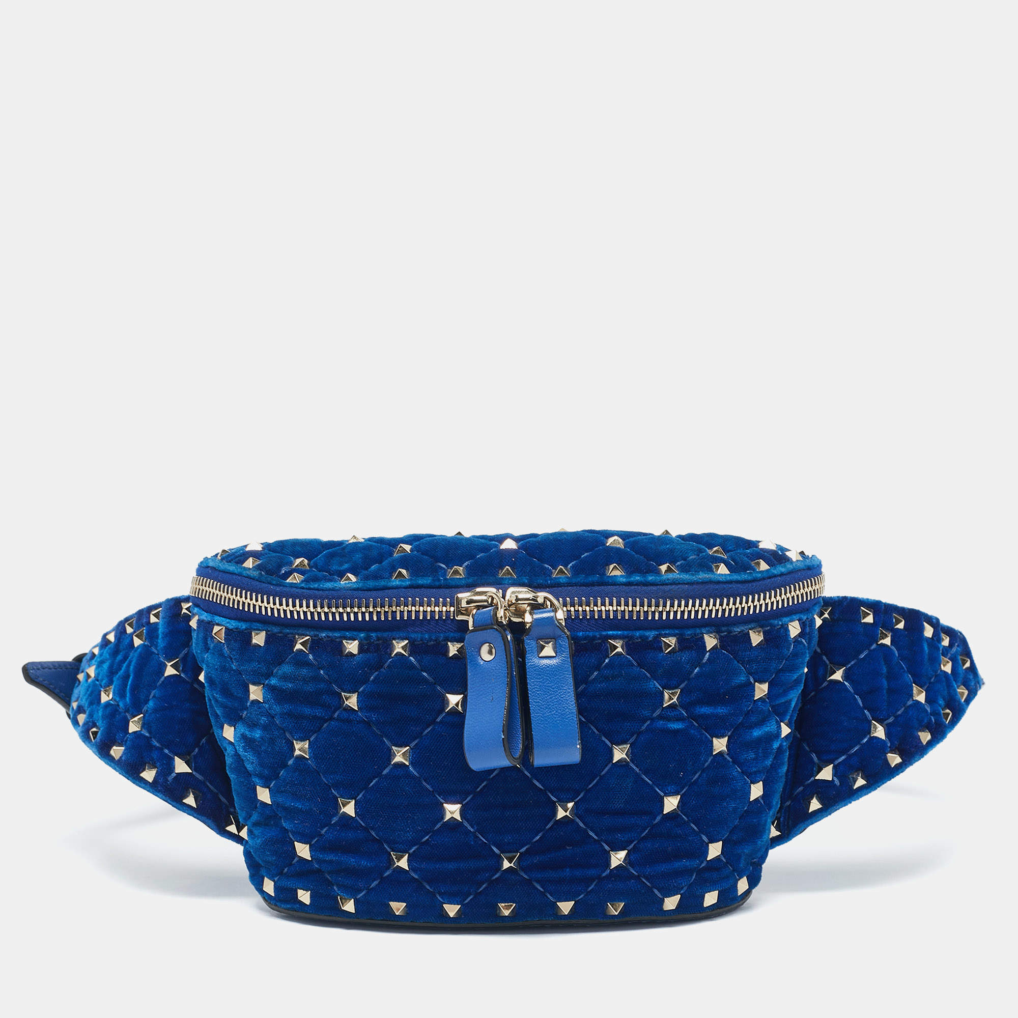 Pre Owned Valentino Blue Quilted Leather and Velvet Rockstud Belt Bag