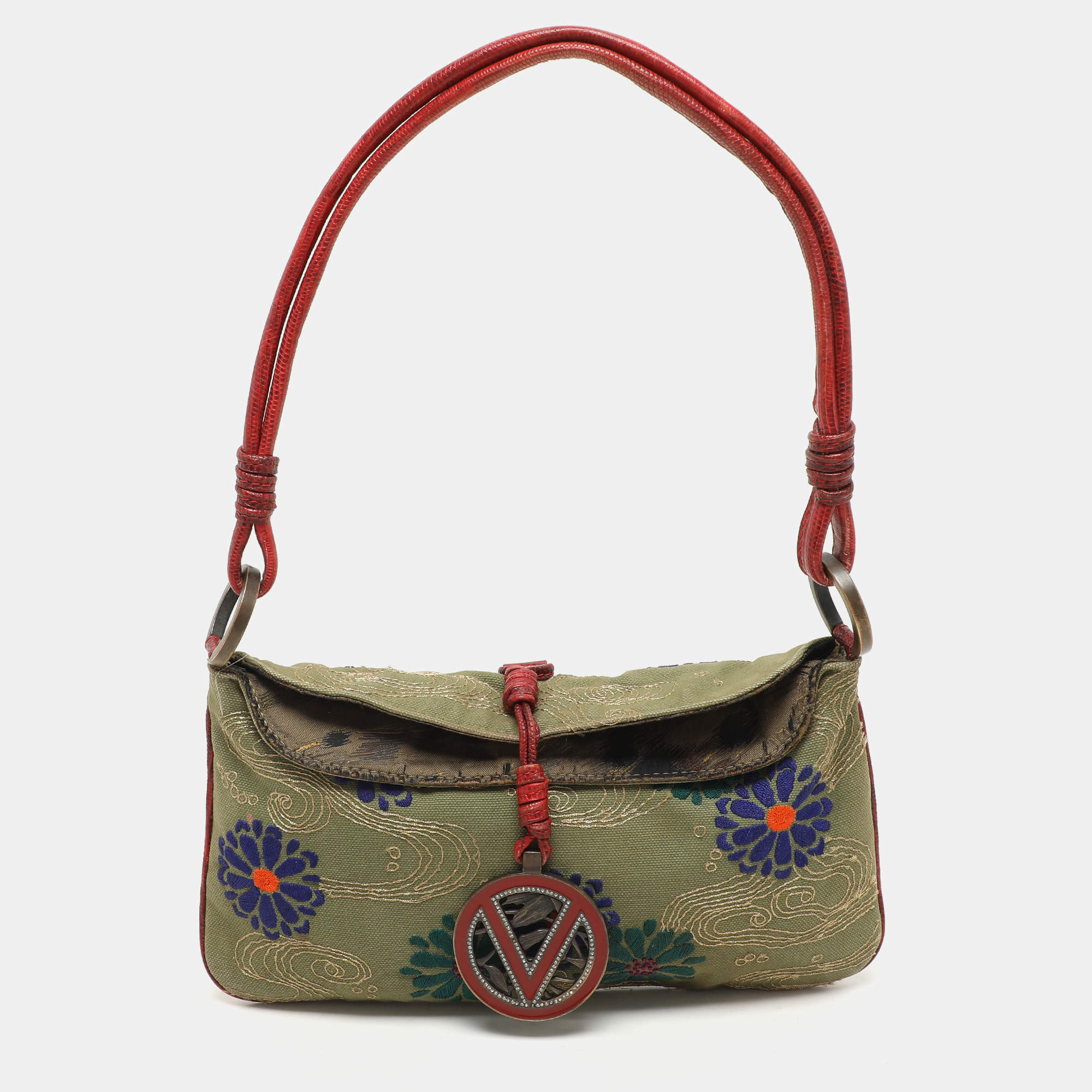 Valentino Green/Red Canvas and Lizard Leather V Logo Shoulder Bag