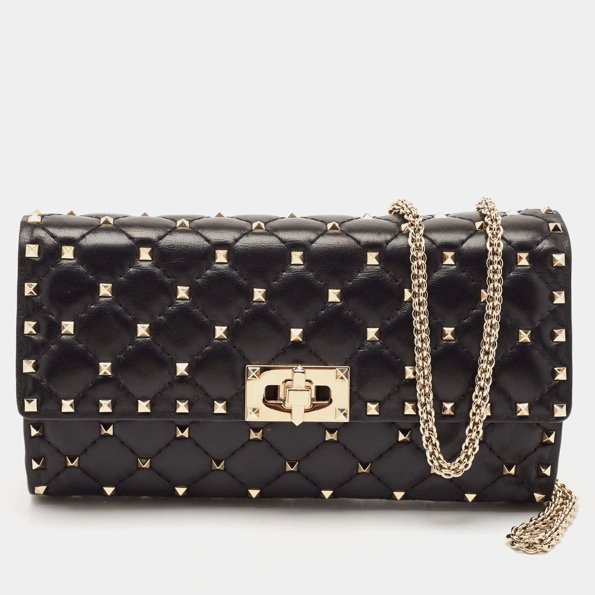 Pre Owned Valentino Black Quilted Leather Rockstud Spike Chain Shoulder Bag