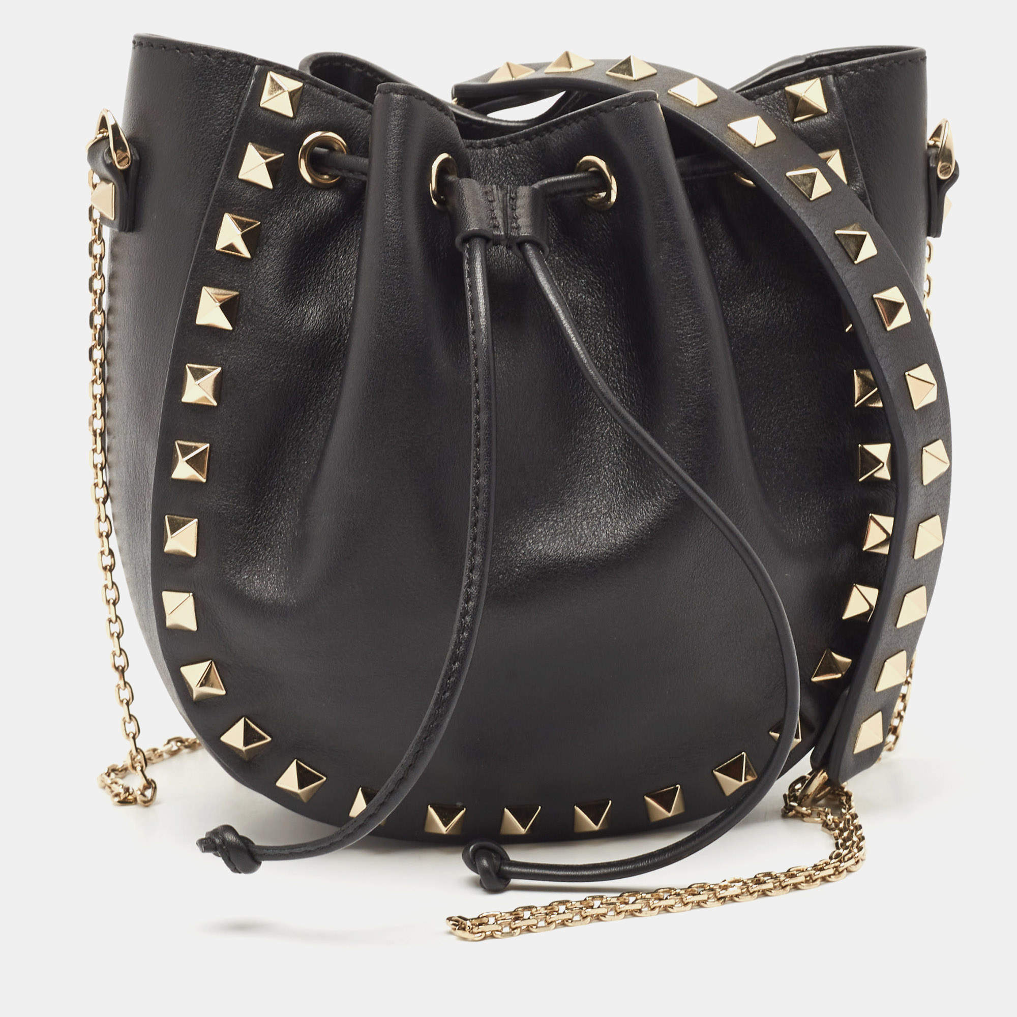 Valentino Black Leather Mini Rockstud Chain Bucket Bag