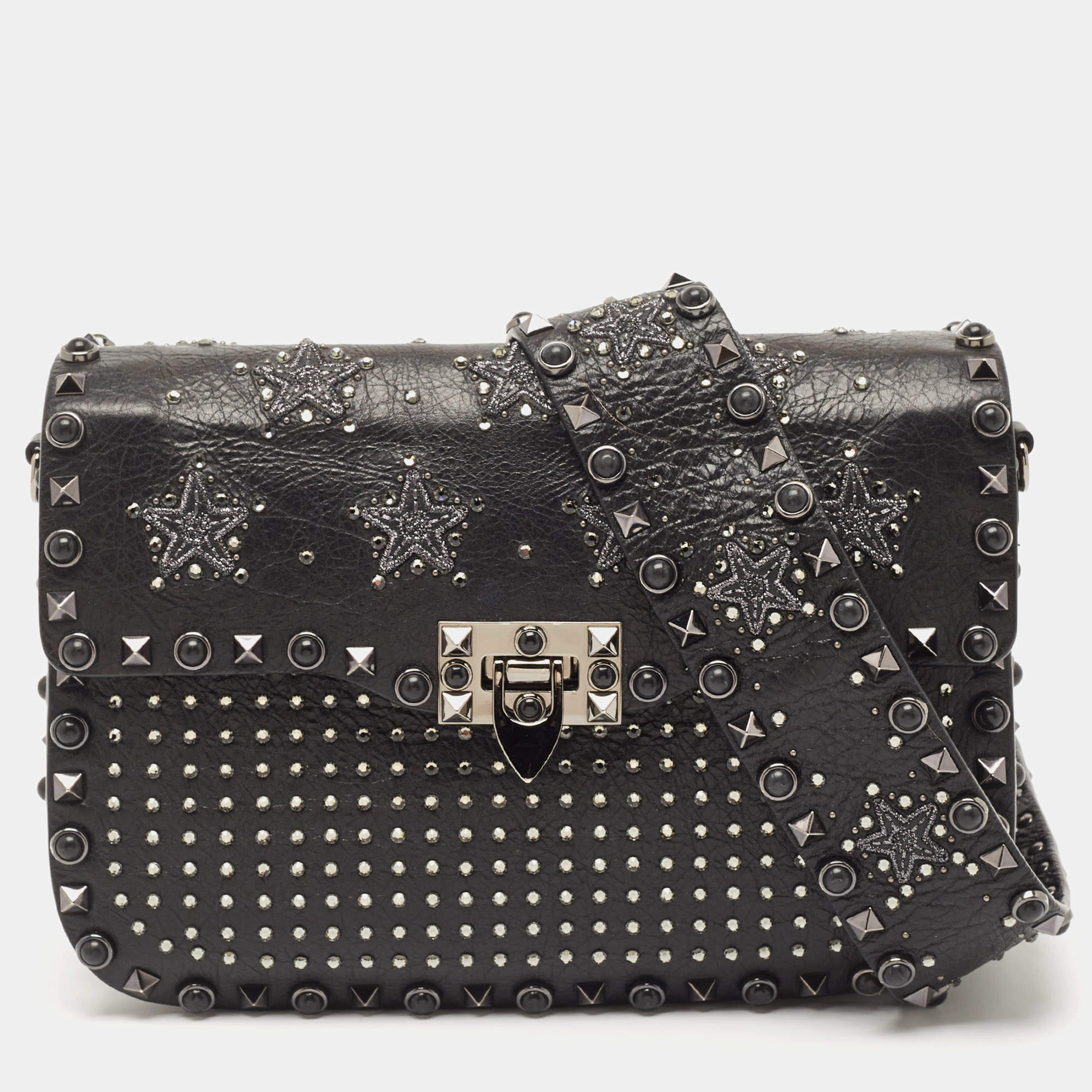 Valentino Black Leather Medium Star Crystal Rolling Rockstud Shoulder Bag