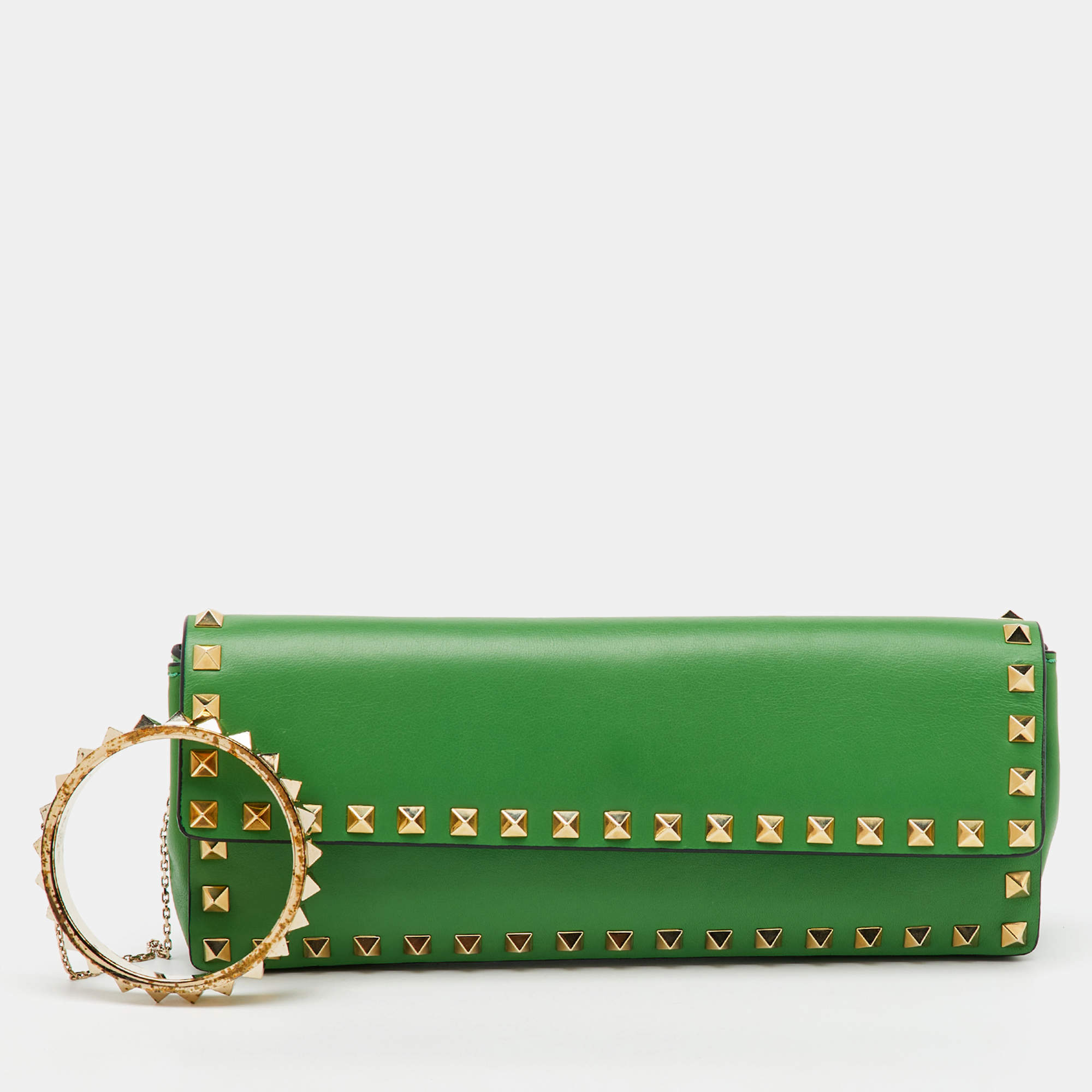 Valentino Green Leather Rockstud Bracelet Clutch