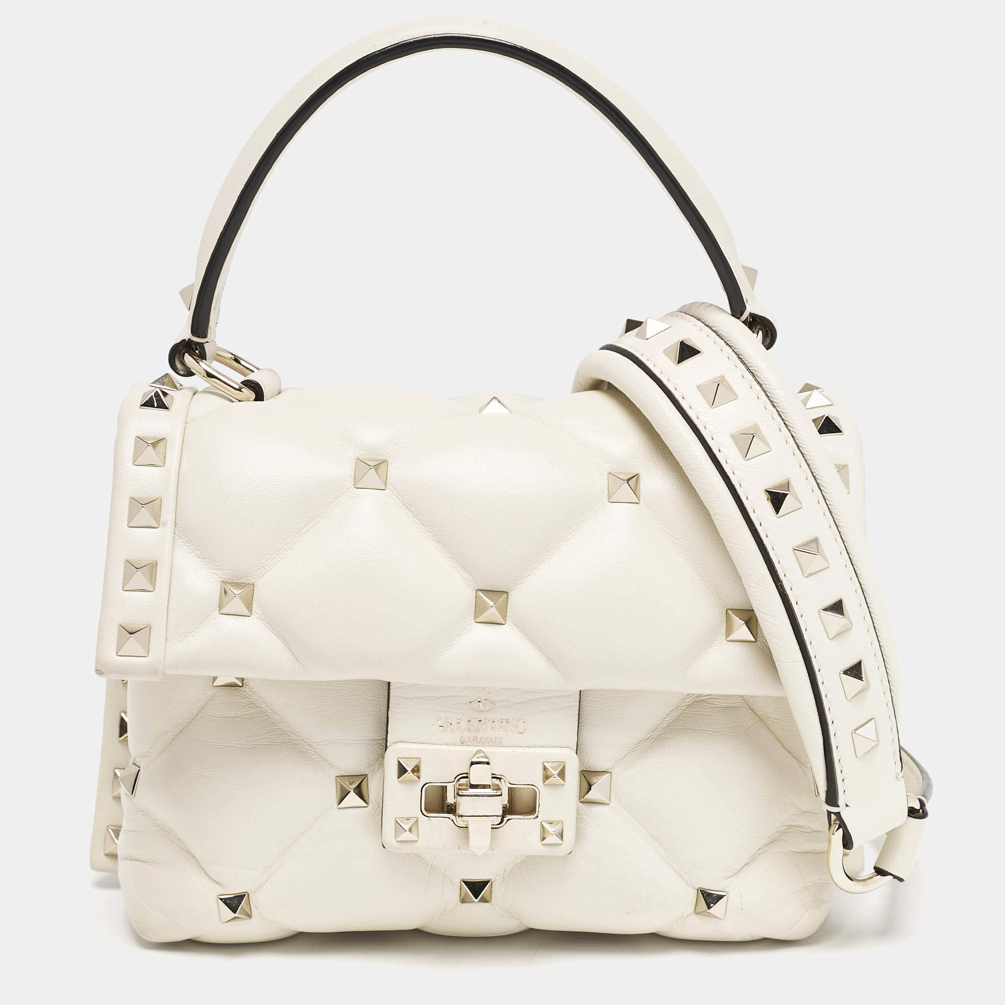 Pre Owned Valentino Off White Quilted Leather Mini Candystud Top Handle Bag