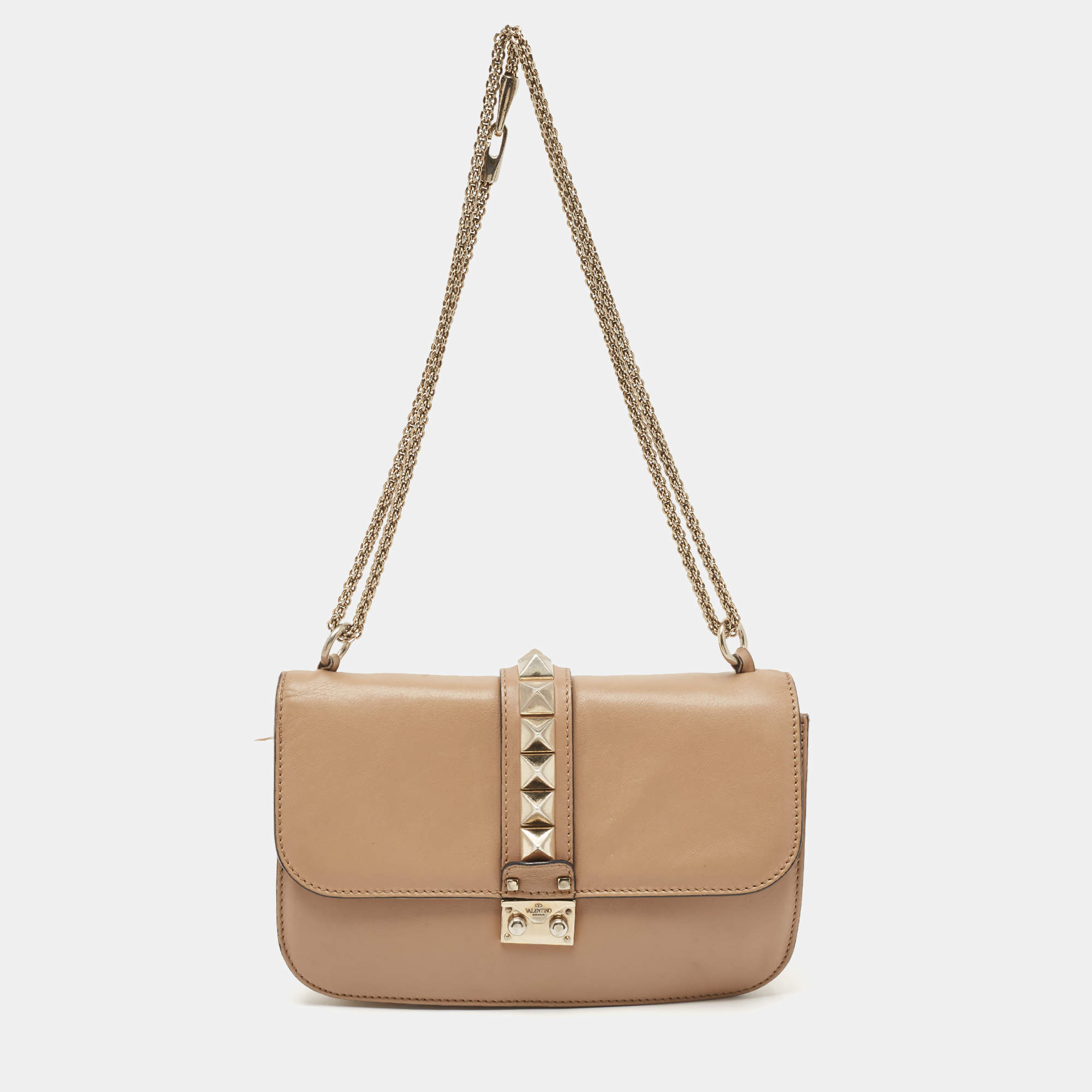 Valentino Beige Leather Medium Glam Lock Shoulder Bag