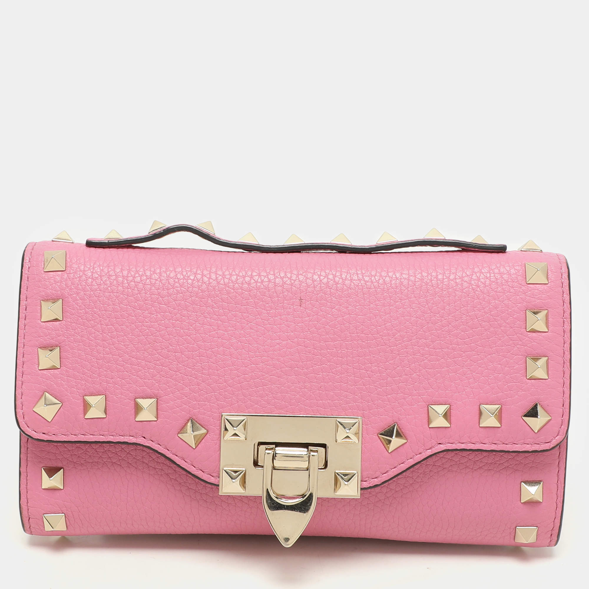 Valentino Pink Leather Rockstud Wallet On Chain
