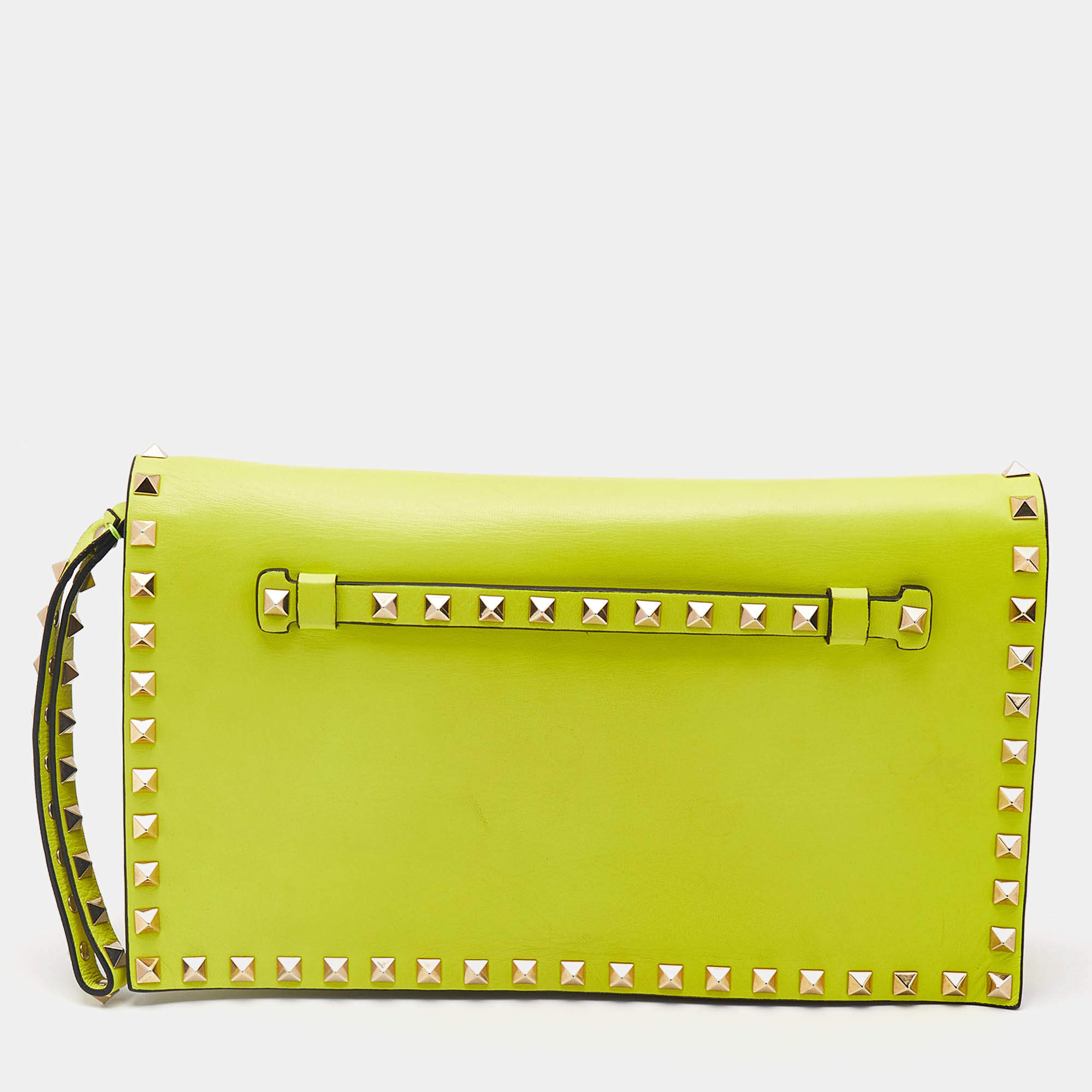 Valentino Neon Yellow Leather Rockstud Flap Wristlet Clutch