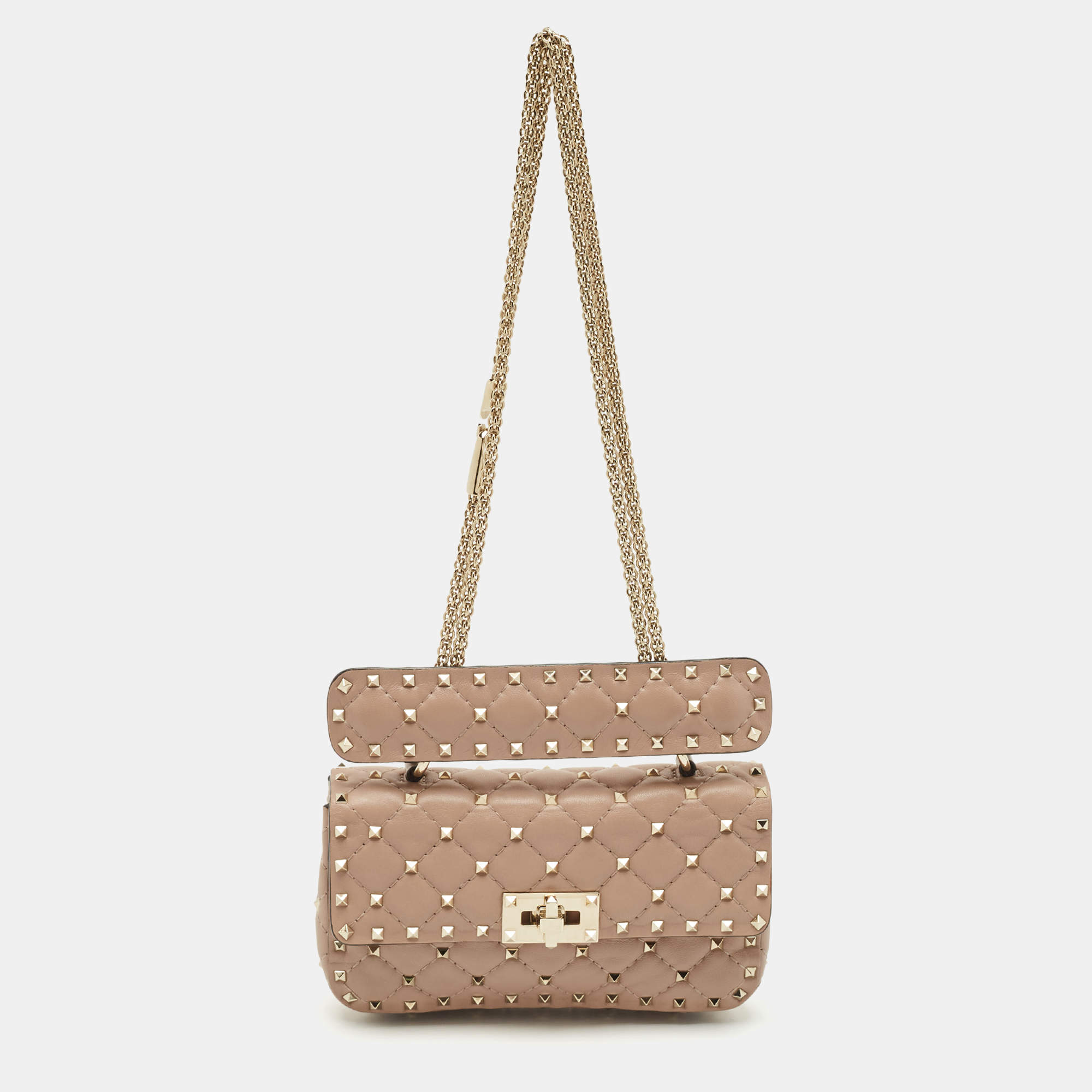 Pre Owned Valentino Beige Quilted Leather Small Rockstud Spike Top Handle Bag