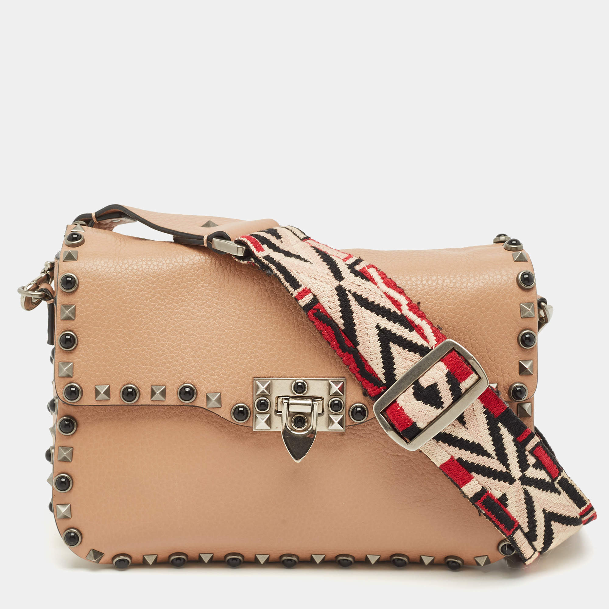 Valentino Beige Leather Medium Rolling Rockstud Shoulder Bag