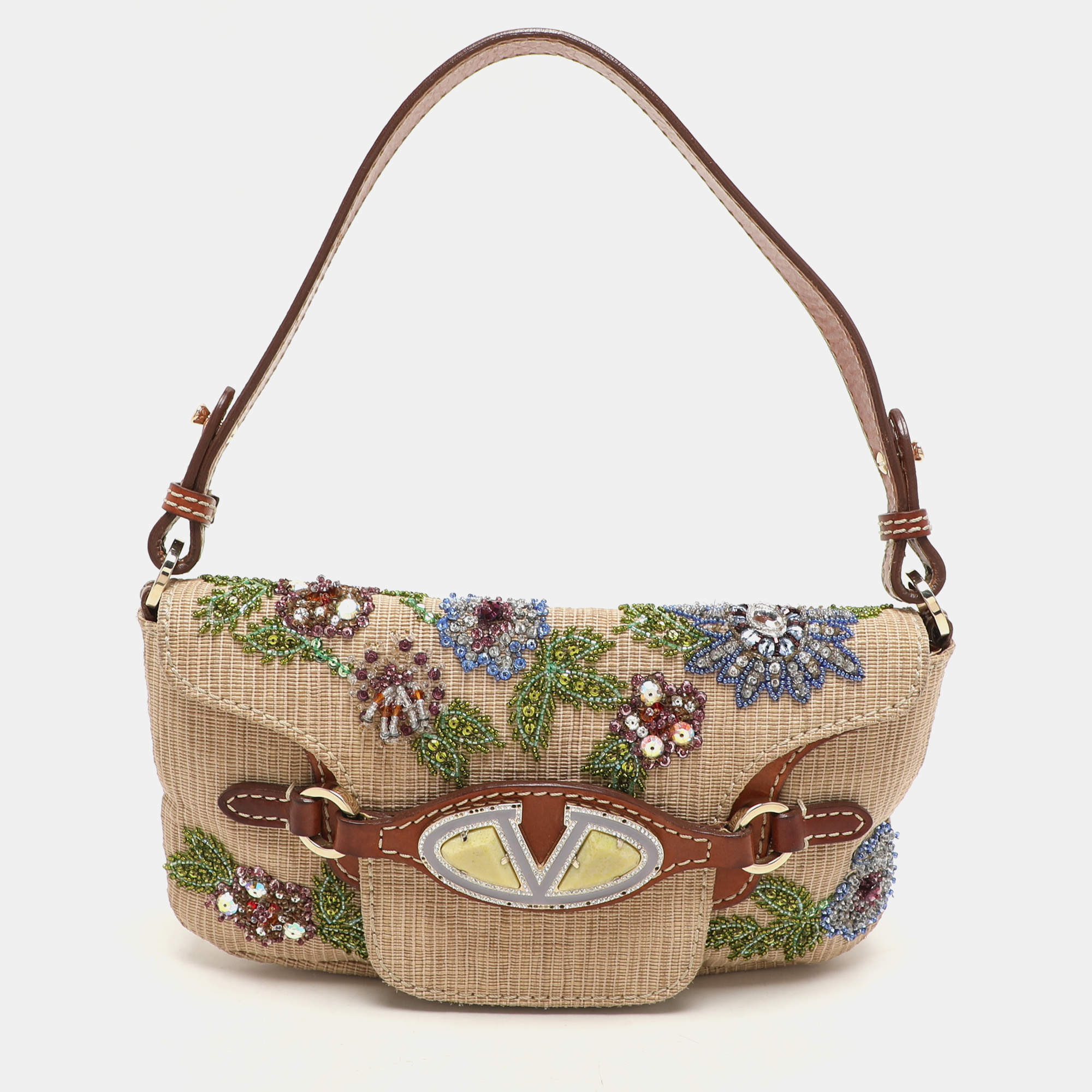 Pre Owned Valentino Beige/Brown Leather and Wicker Embellished V Logo Shoulder Bag
