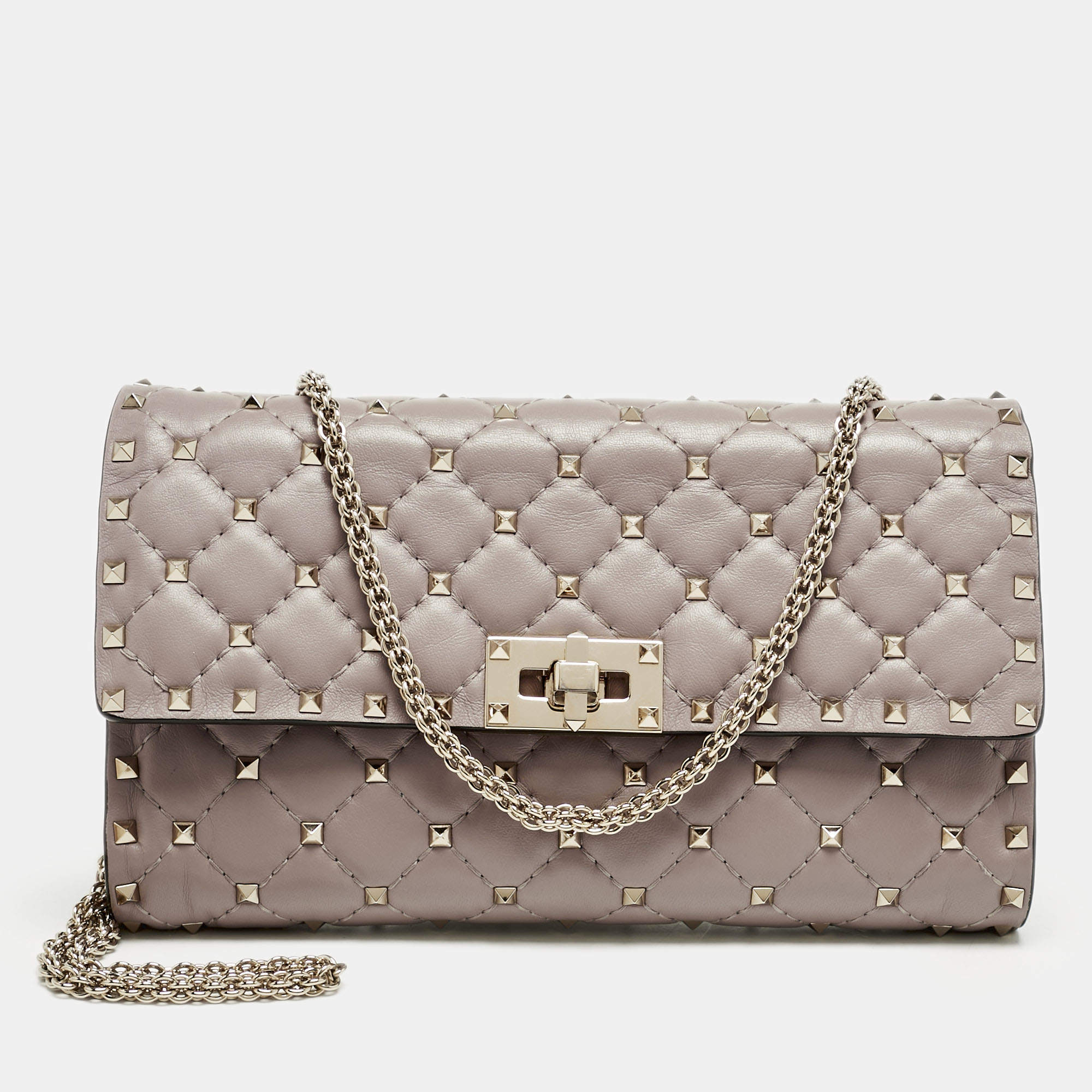 Valentino Beige Quilted Leather Rockstud Spike Wallet On Chain