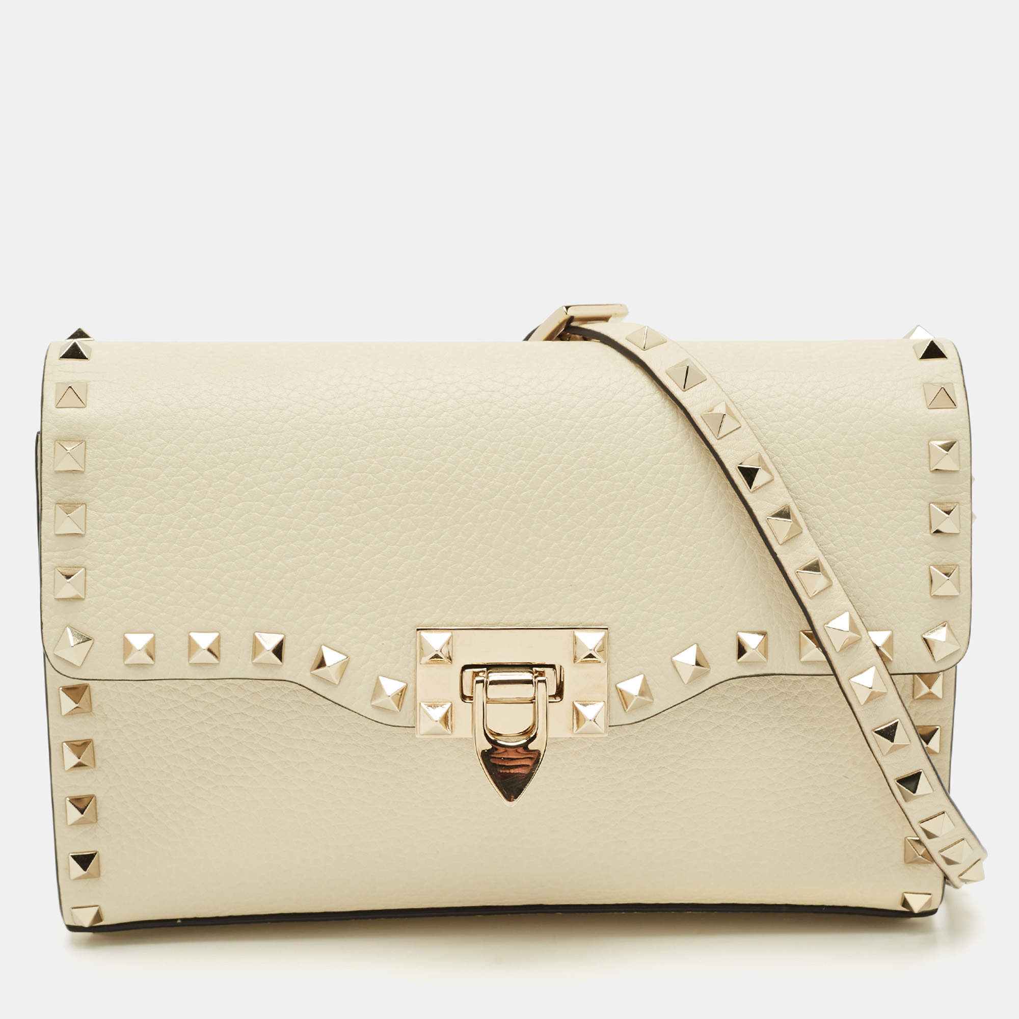 Valentino Off White Leather Rockstud Flap Shoulder Bag